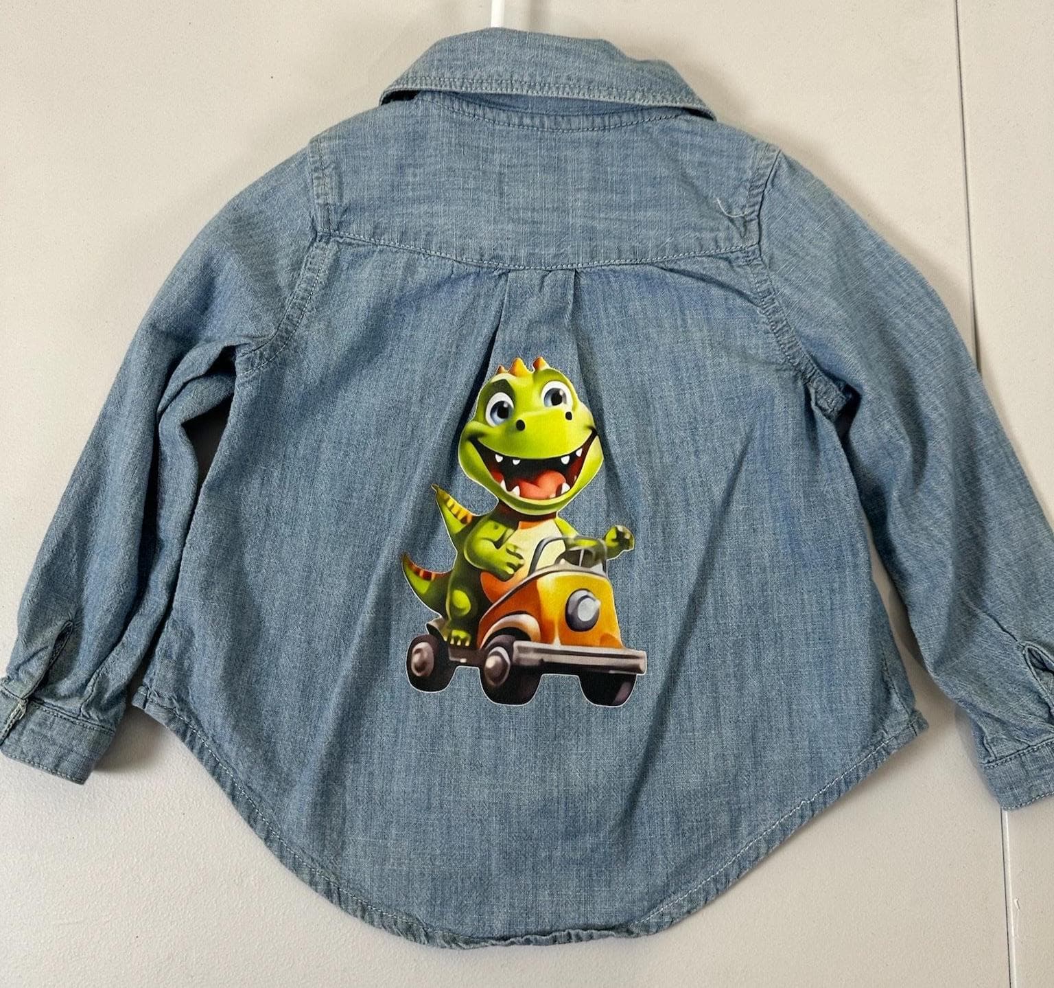 Upcycled Toddler Denim Shirt 2T – Dino Scooter Patch | One of a Kind Kids Top