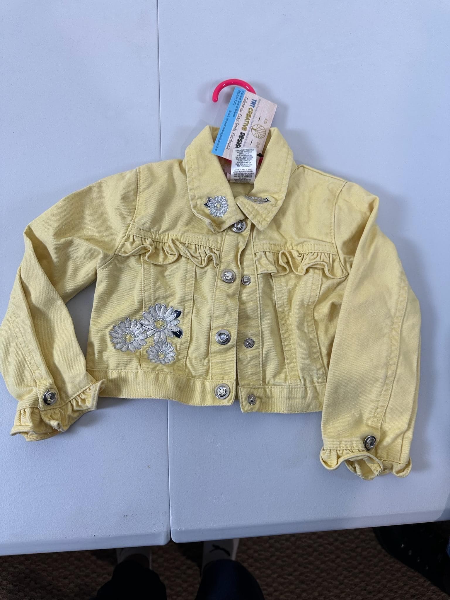 Upcycled Girls Denim Jacket – Size 3T | Yellow Daisy Jacket | One of a Kind