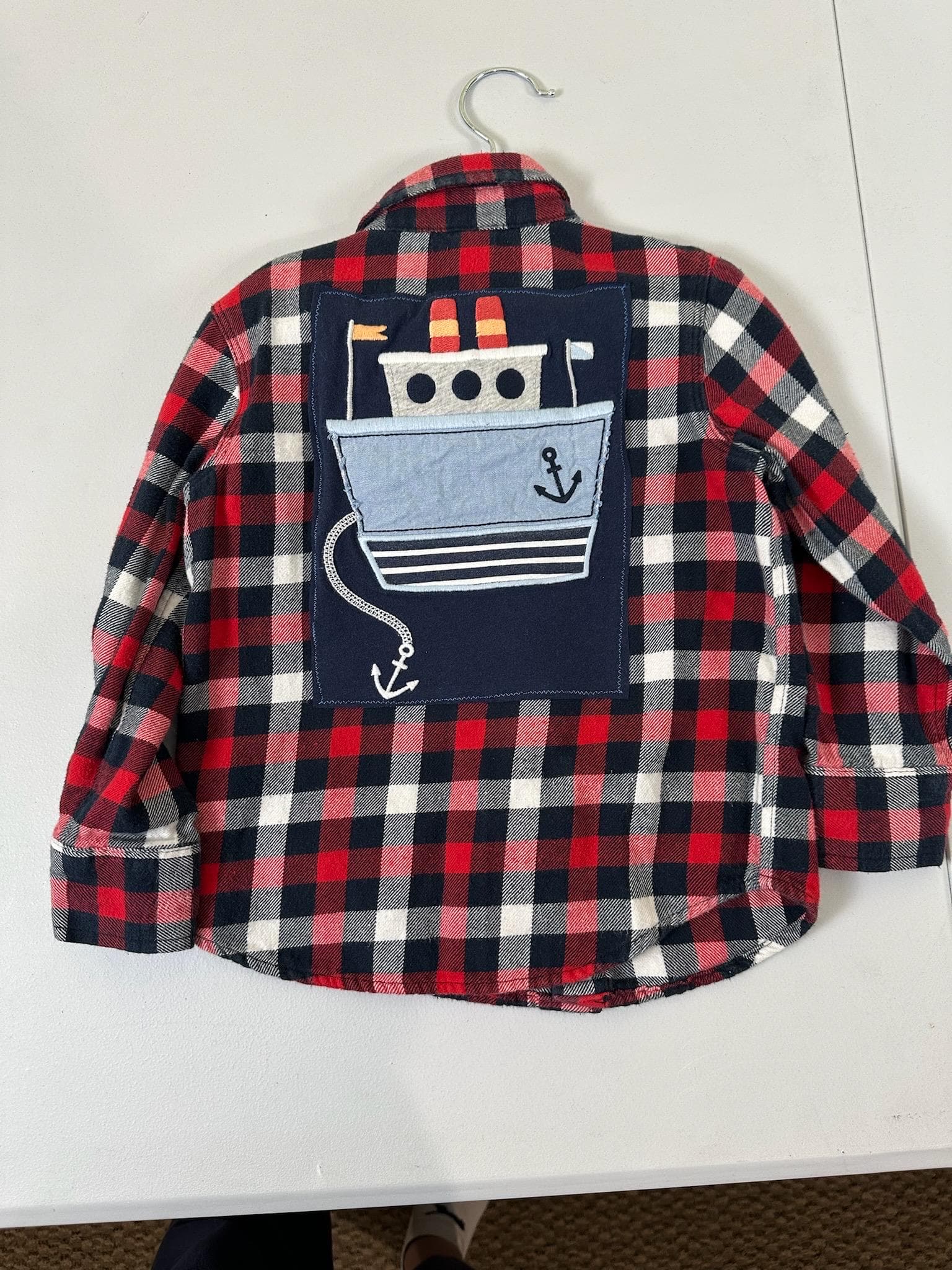 Upcycled Toddler Flannel Shirt 3T – Nautical Boat Appliqué | One of a Kind Kids Shirt