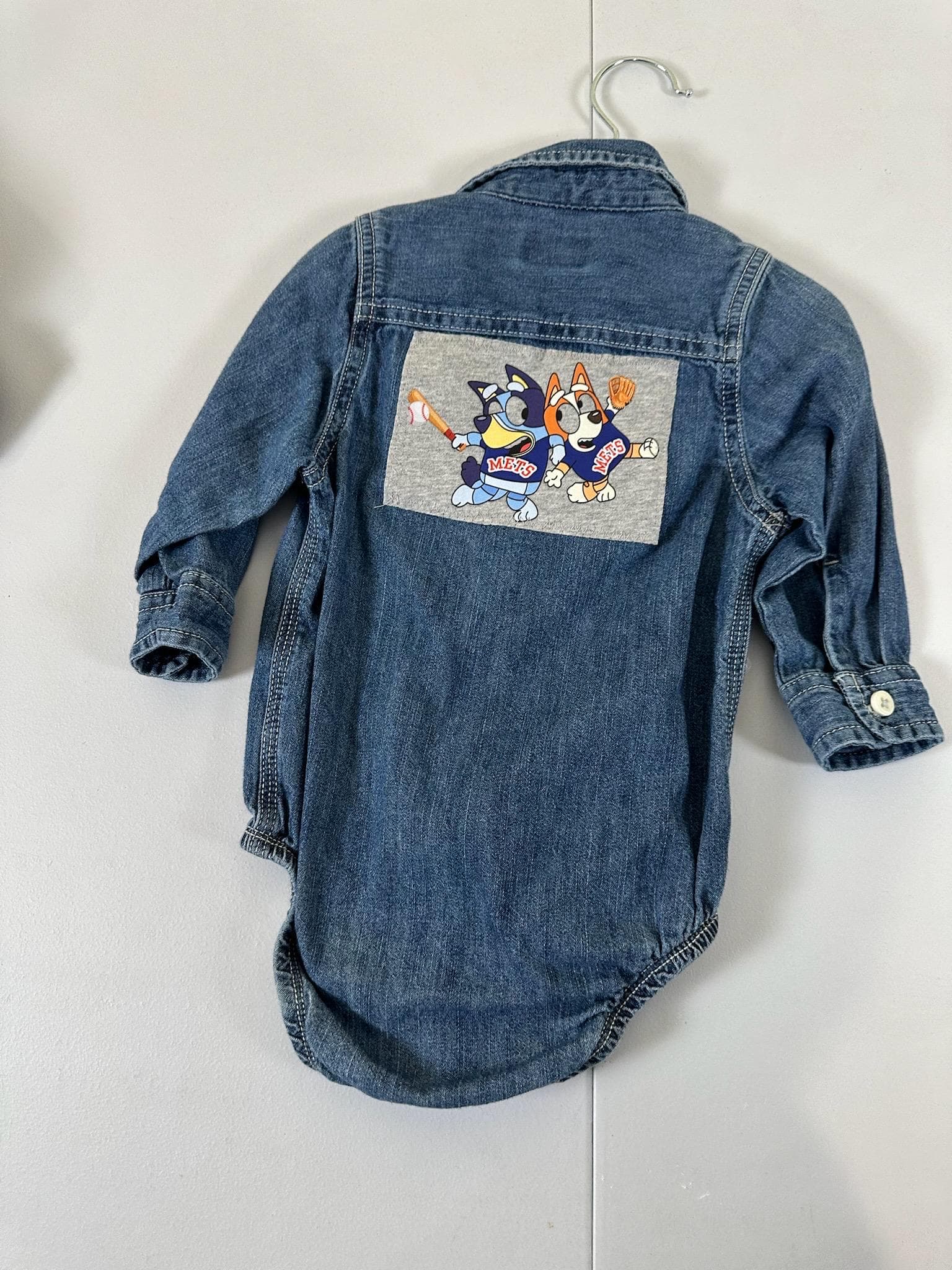 Upcycled Baby Denim Onesie – Size 18 Months | Bluey & Bingo Baseball Inspired | One of a Kind