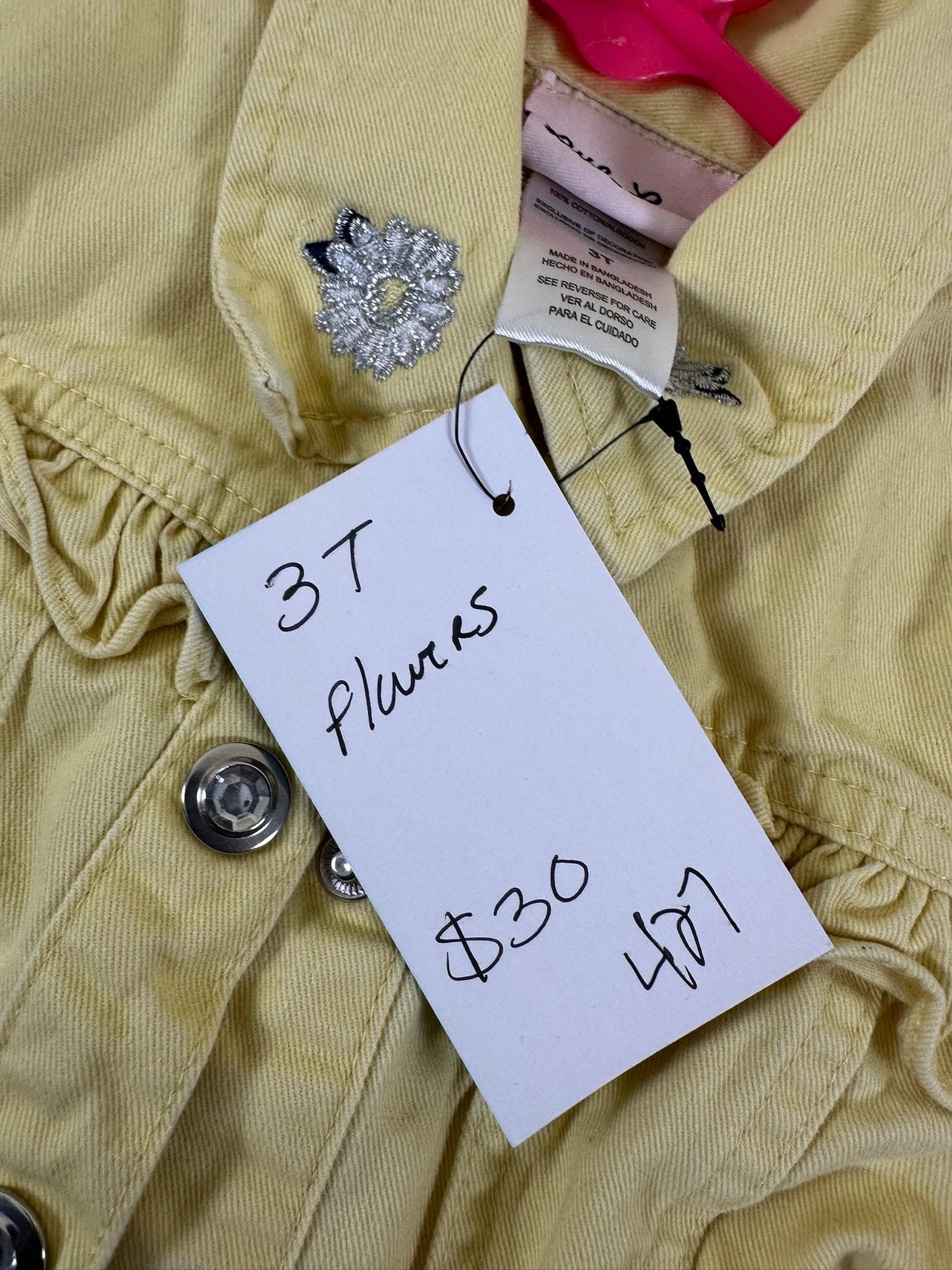 Upcycled Girls Denim Jacket – Size 3T | Yellow Daisy Jacket | One of a Kind - Thumbnail 2