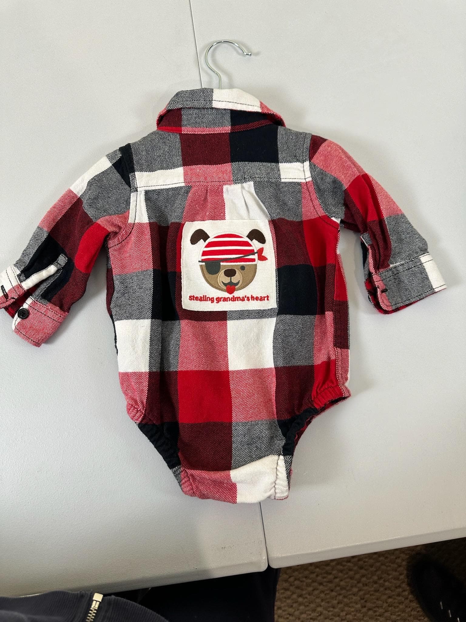 Upcycled Baby Flannel Onesie – Size 3–6 Months | Pirate Bear | One of a Kind
