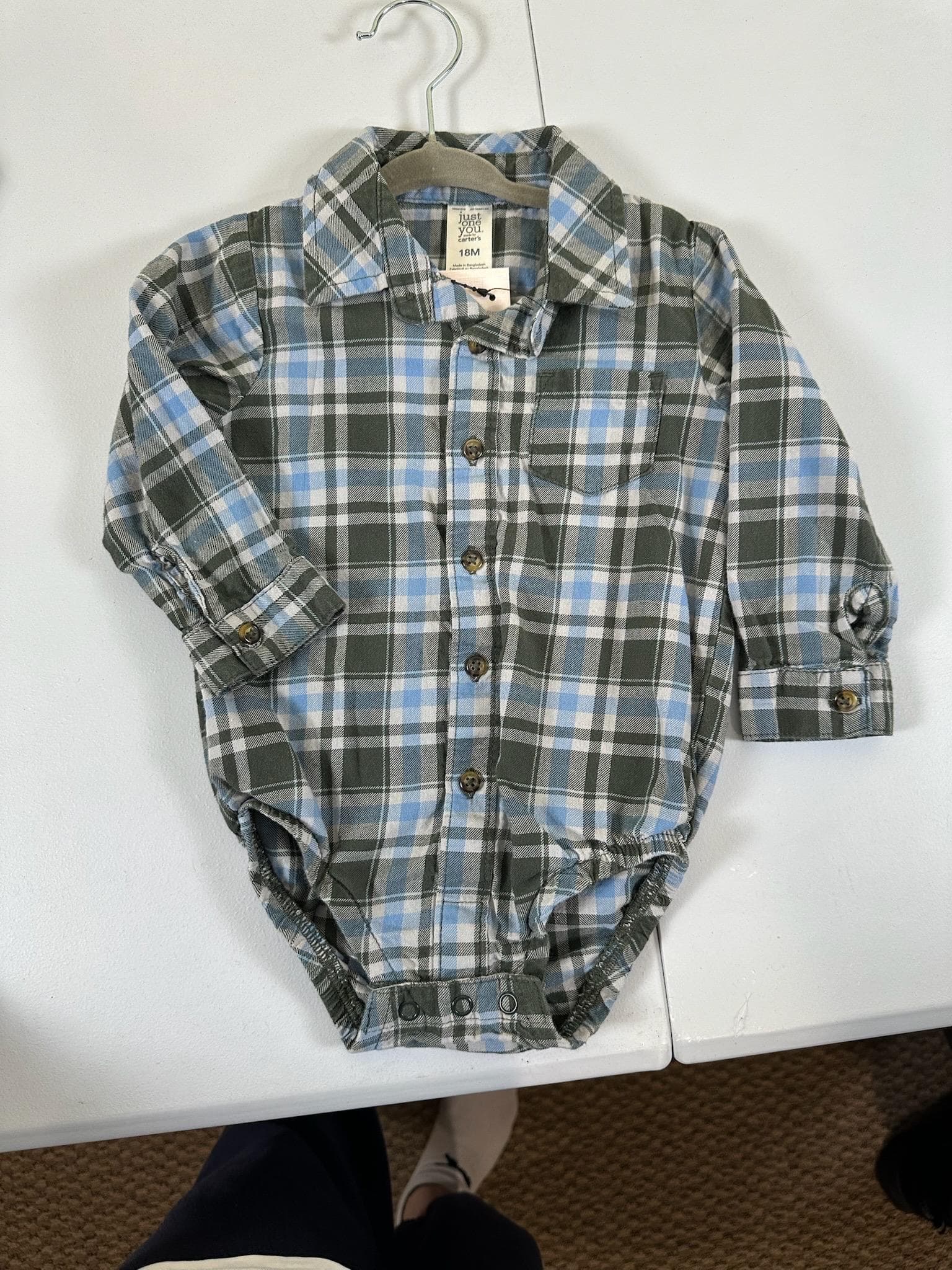 Upcycled Baby Flannel Onesie – Size 18 Months | Dino Appliqué | One of a Kind - Thumbnail 2