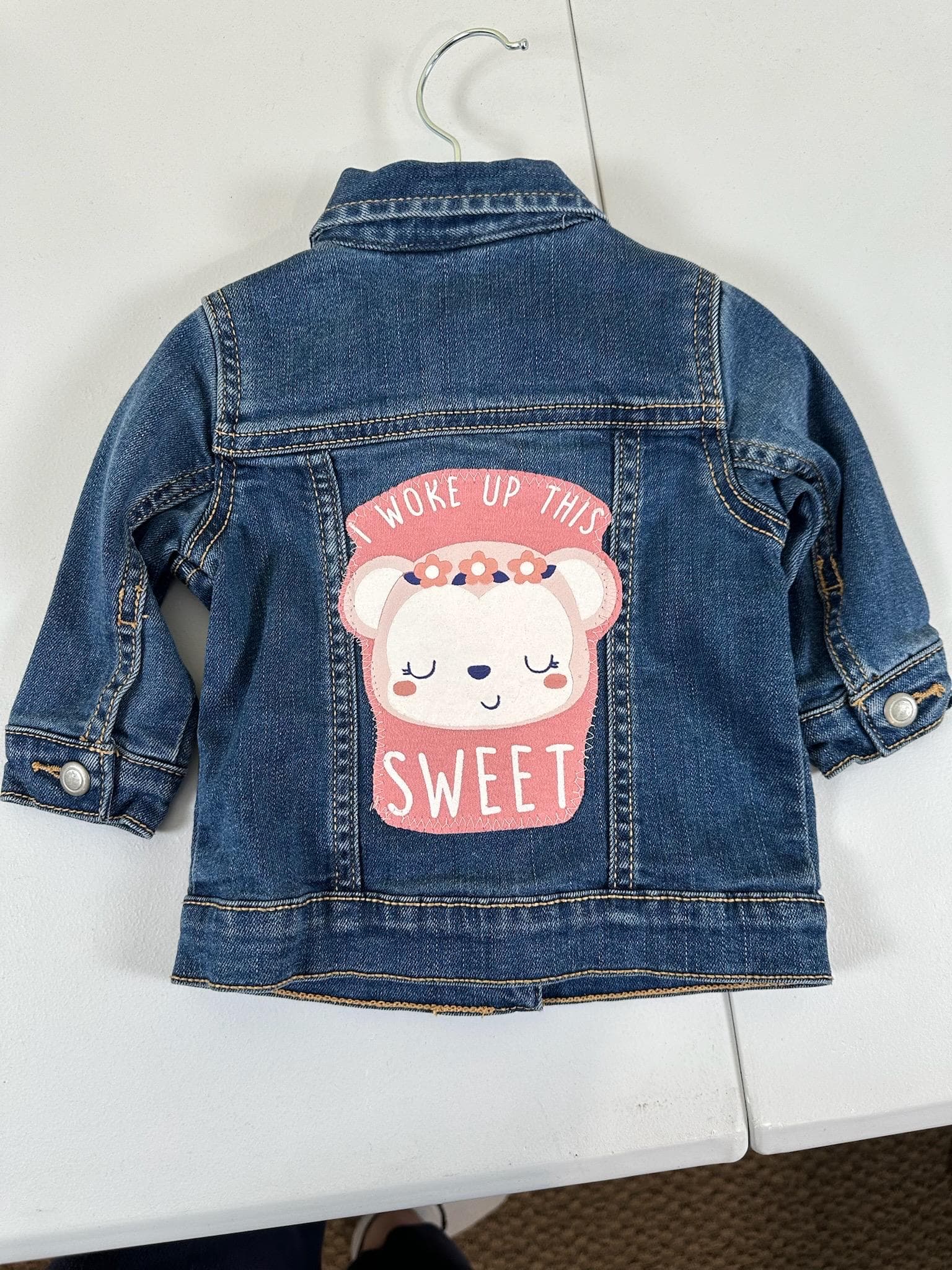 Upcycled Baby Denim Jacket (3–6 Months) – Handmade Bear Appliqué