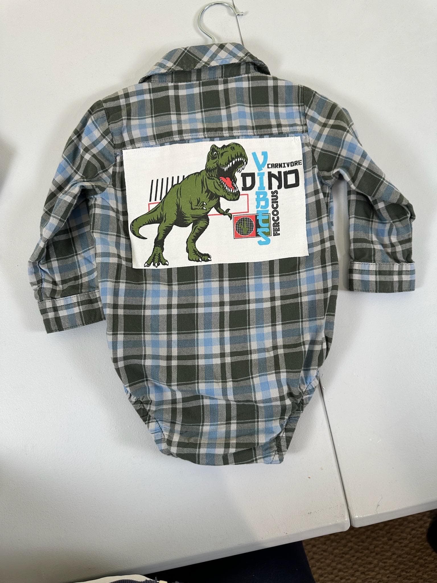 Upcycled Baby Flannel Onesie – Size 18 Months | Dino Appliqué | One of a Kind