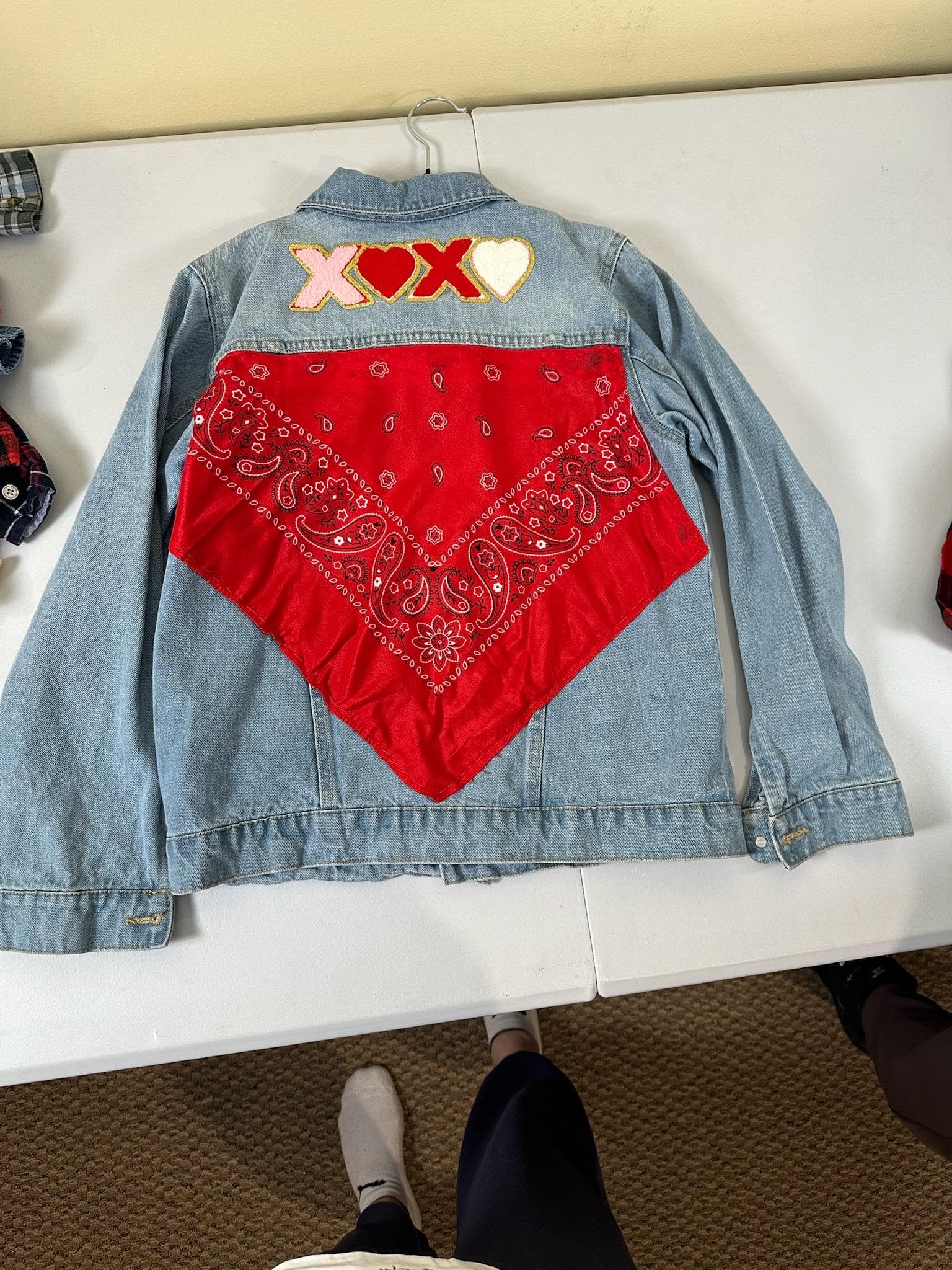 Upcycled Youth Denim Jacket – Size 10/12 | XOXO Bandana Back | One of a Kind