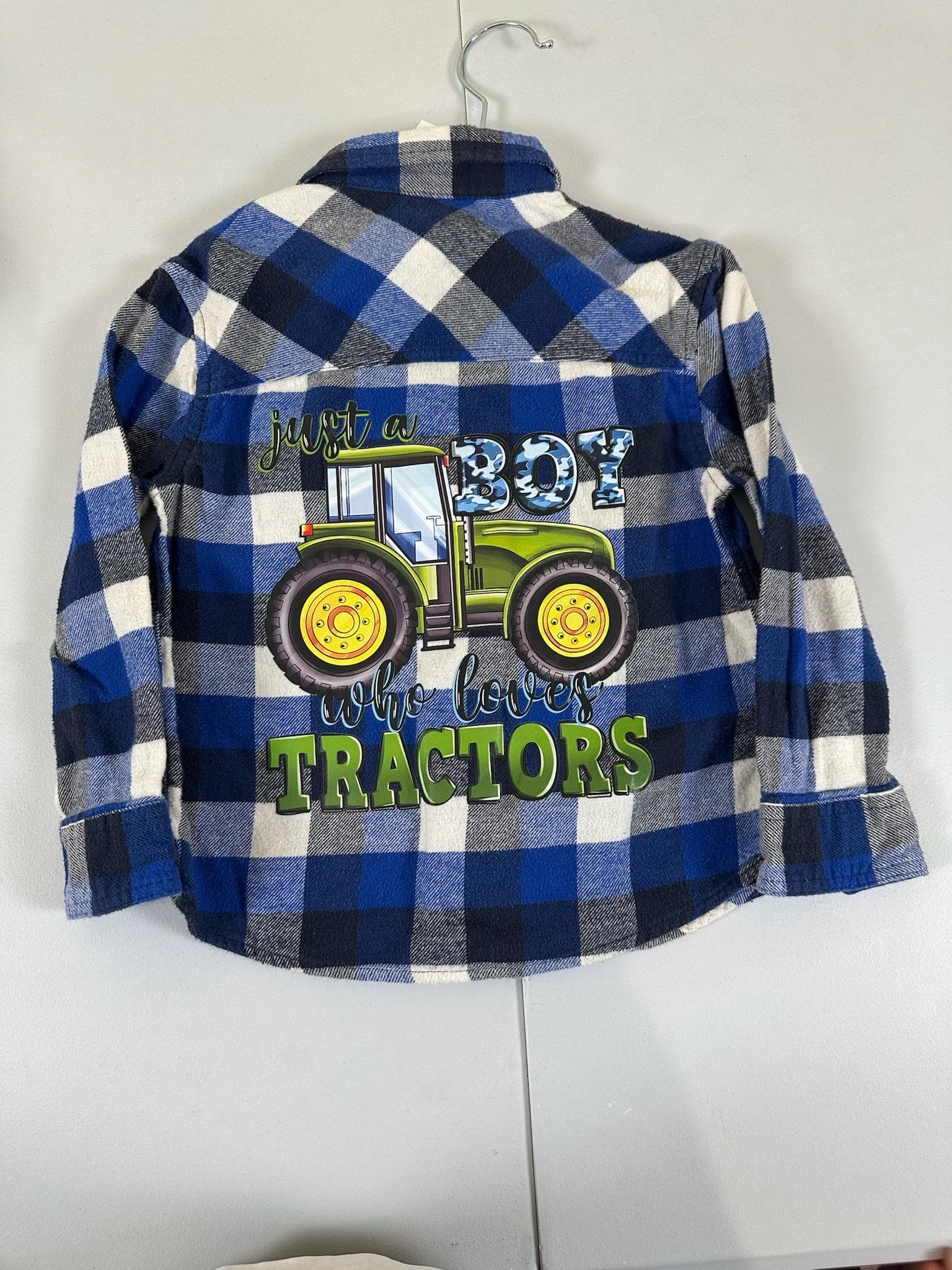 Upcycled Toddler Flannel Shirt – Tractor Design, Size 3T
