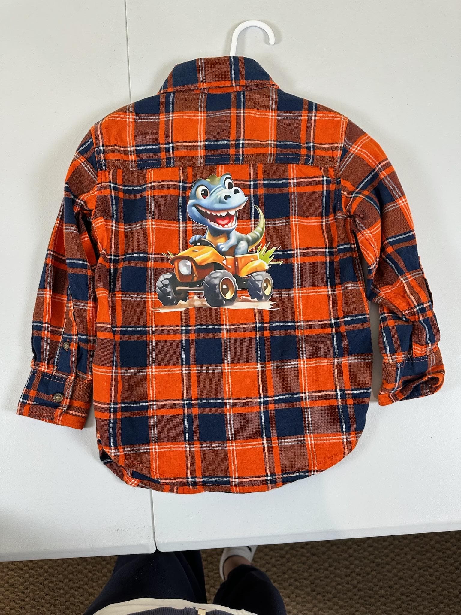 Upcycled Toddler Flannel Shirt – Size 3T | Dino Monster Truck Design | One of a Kind