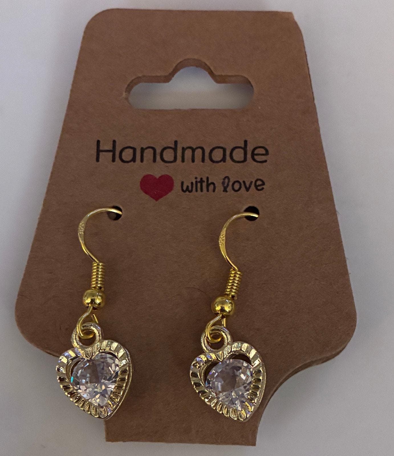 Handmade gold-toned heart drop earrings with white gemstones Hypoallergenic - Thumbnail 2