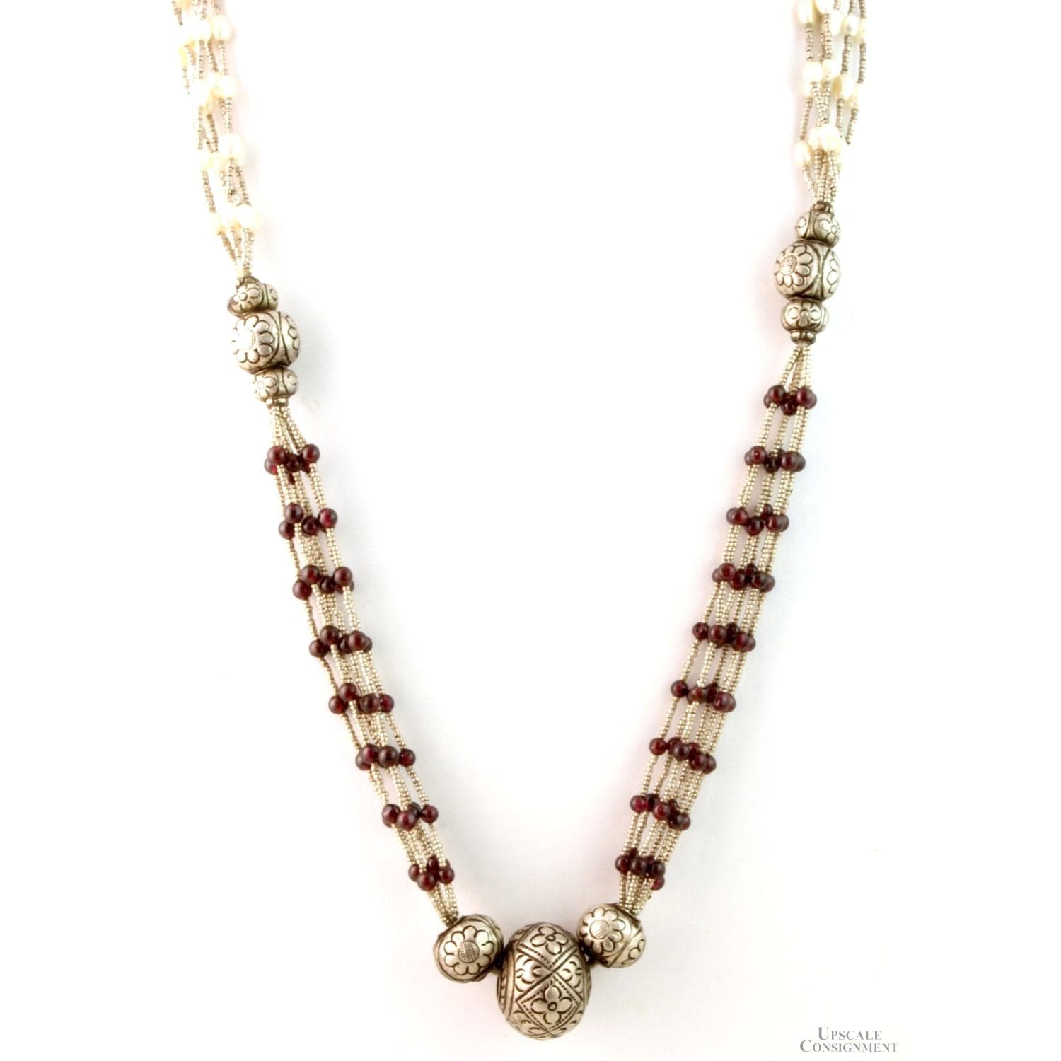 Multi-Strand Freshwater Pearl & Garnet Sterling Silver Necklace - 24 in - Image 1