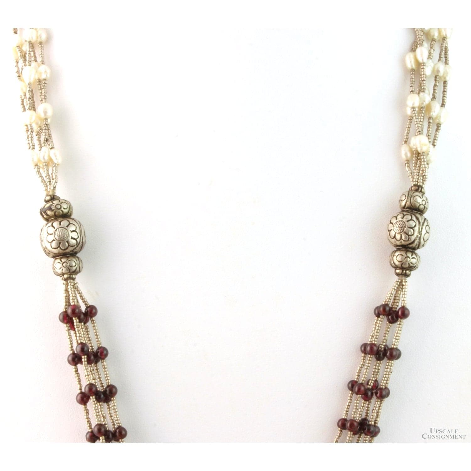 Multi-Strand Freshwater Pearl & Garnet Sterling Silver Necklace - 24 in - Thumbnail 2