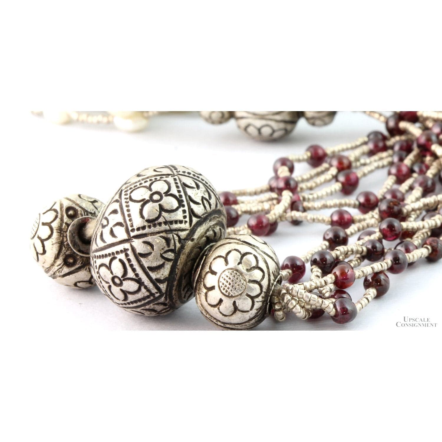 Multi-Strand Freshwater Pearl & Garnet Sterling Silver Necklace - 24 in - Thumbnail 4