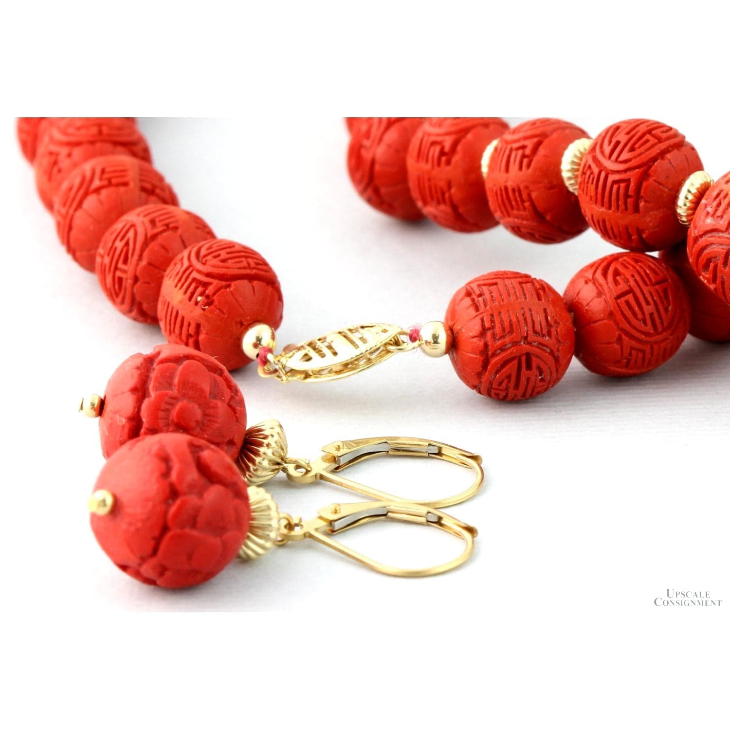 Red Cinnabar-Style Necklace & Earrings | Carved Shou Design - 20"(l), 1.25"(l) - Thumbnail 3