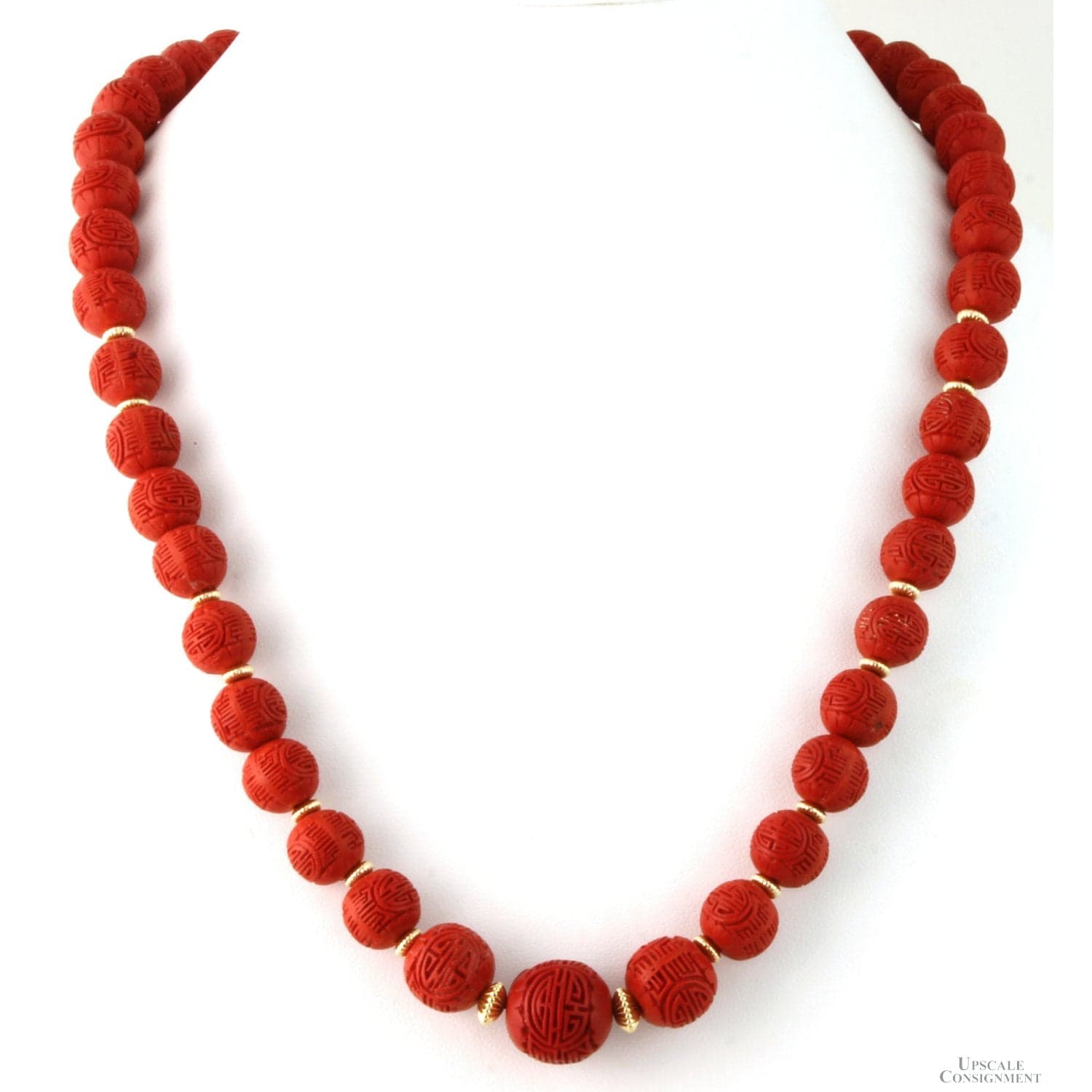 Red Cinnabar-Style Necklace & Earrings | Carved Shou Design - 20"(l), 1.25"(l) - Image 1