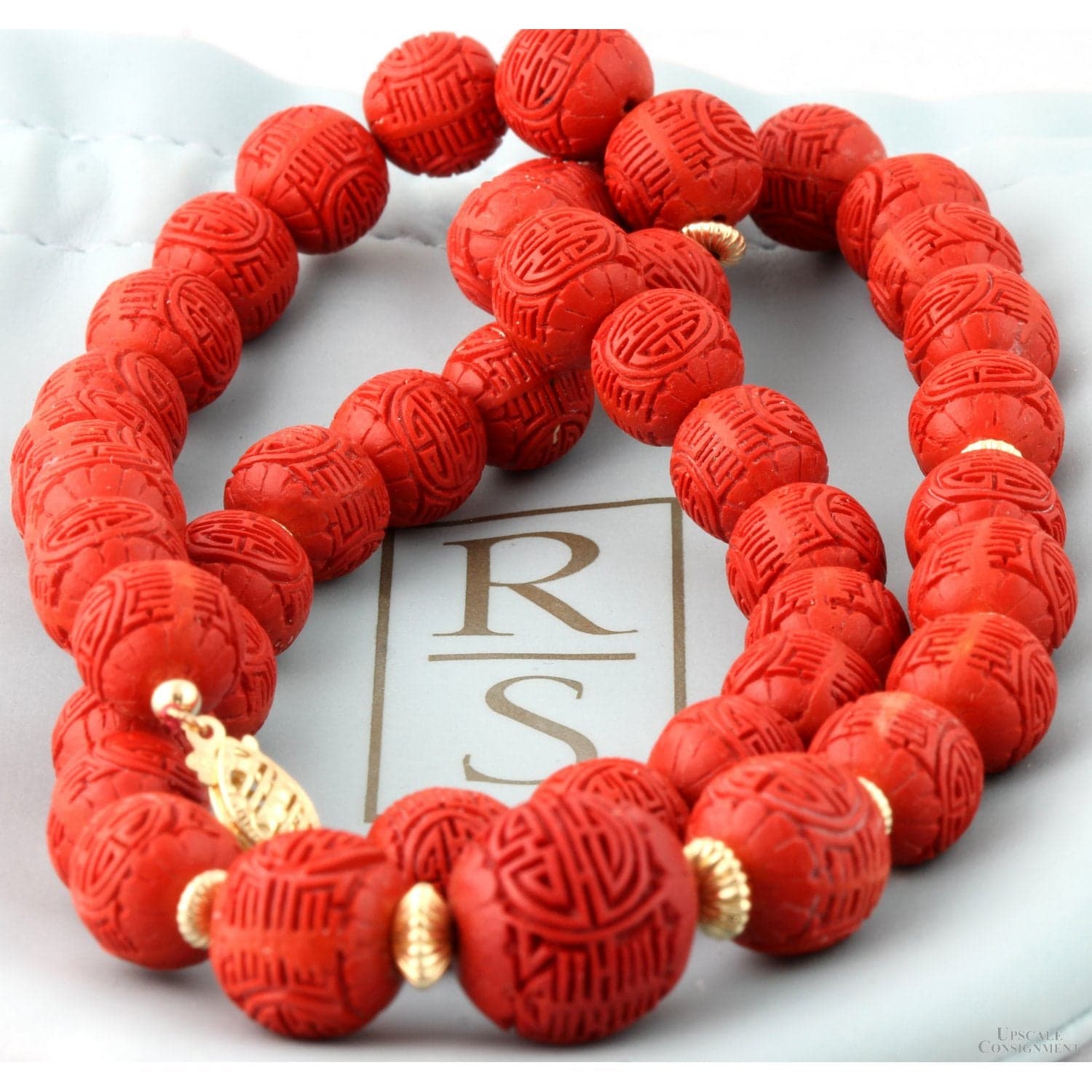 Red Cinnabar-Style Necklace & Earrings | Carved Shou Design - 20"(l), 1.25"(l) - Thumbnail 4