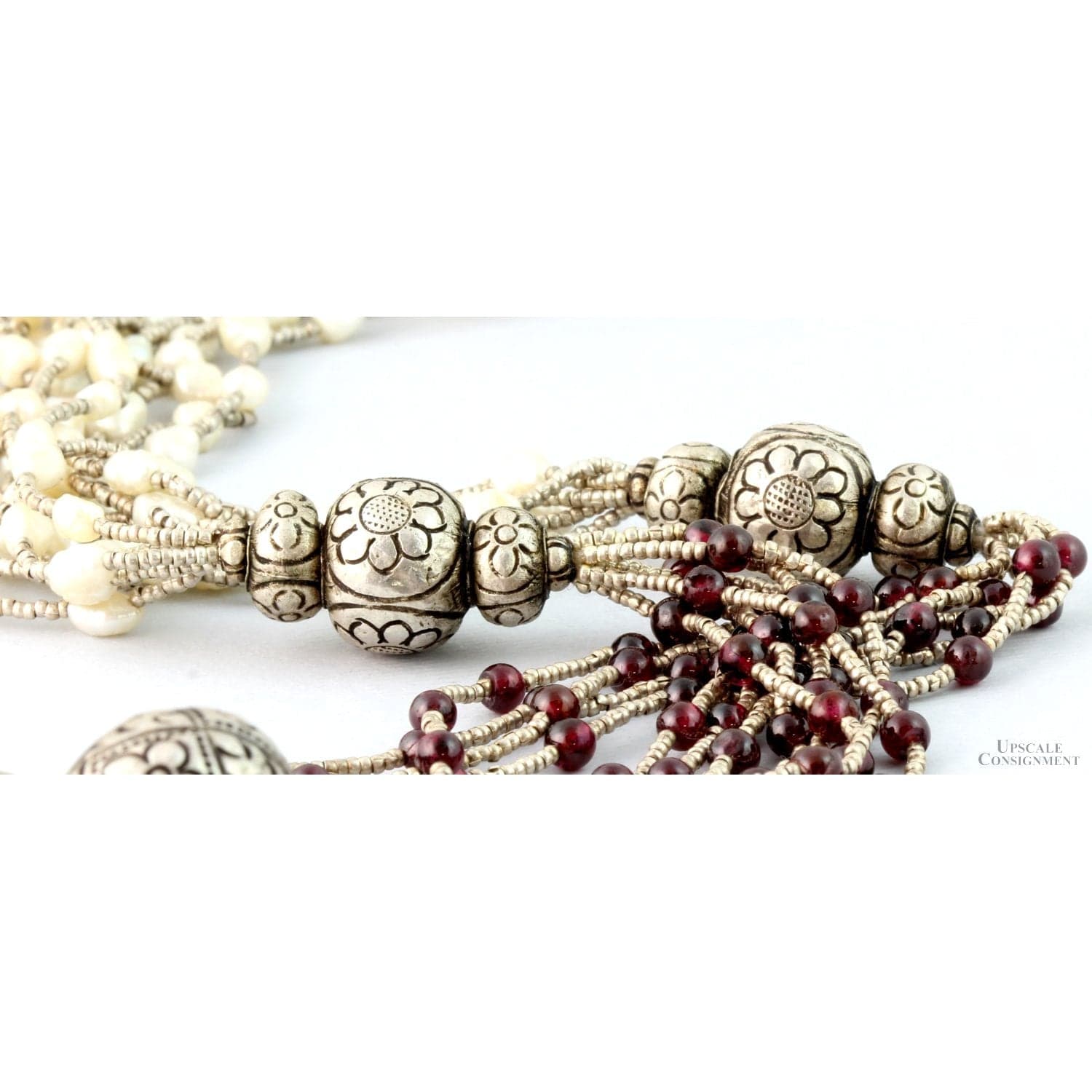 Multi-Strand Freshwater Pearl & Garnet Sterling Silver Necklace - 24 in - Thumbnail 3