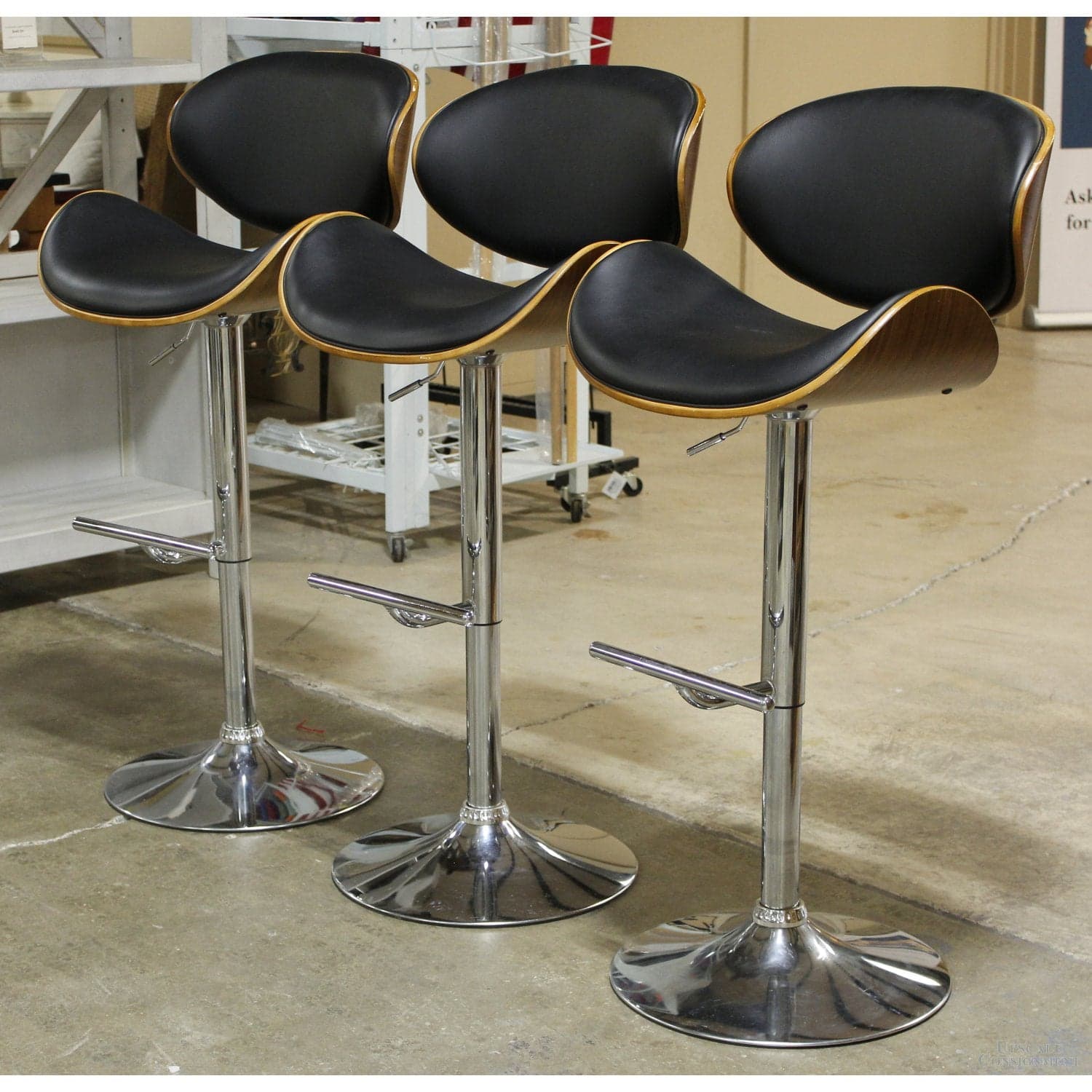 Set/3 Chrome & Black Leather Adjustable Height Bar Stools - Black - Thumbnail 5