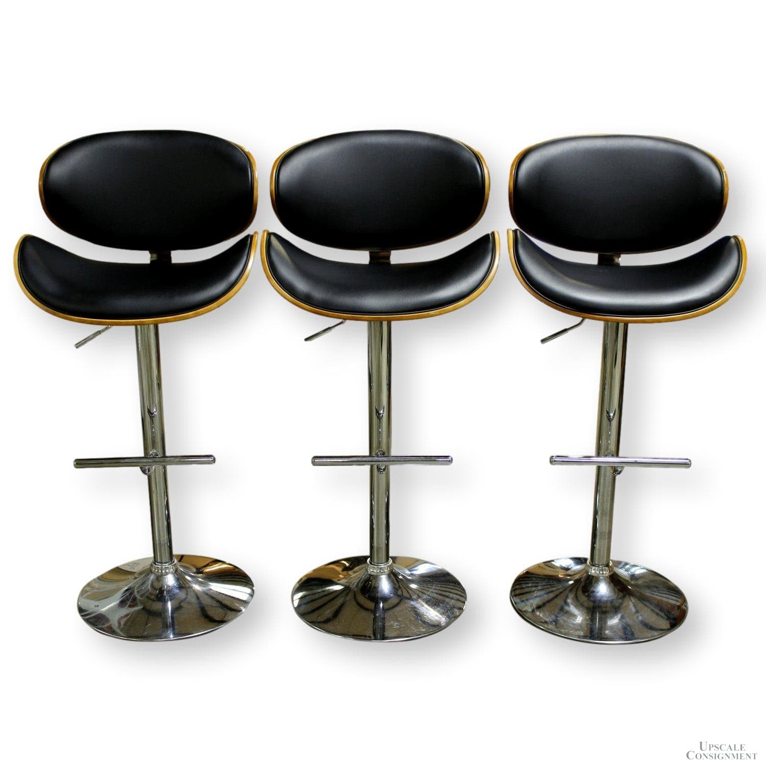 Set/3 Chrome & Black Leather Adjustable Height Bar Stools - Black - Image 1