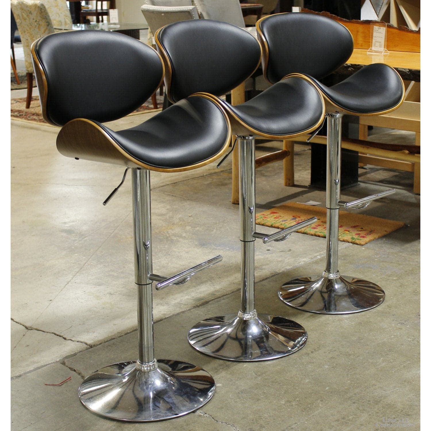 Set/3 Chrome & Black Leather Adjustable Height Bar Stools - Black - Thumbnail 4