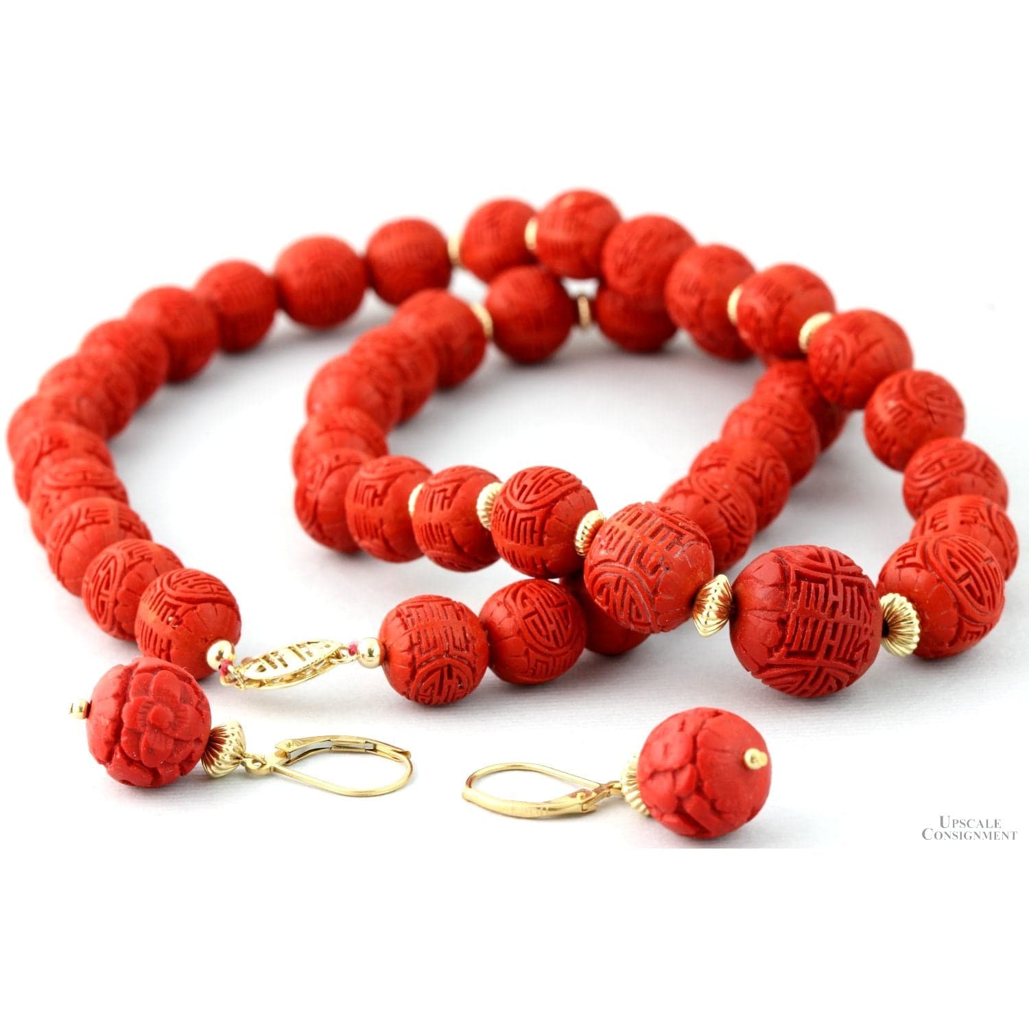 Red Cinnabar-Style Necklace & Earrings | Carved Shou Design - 20"(l), 1.25"(l) - Thumbnail 2
