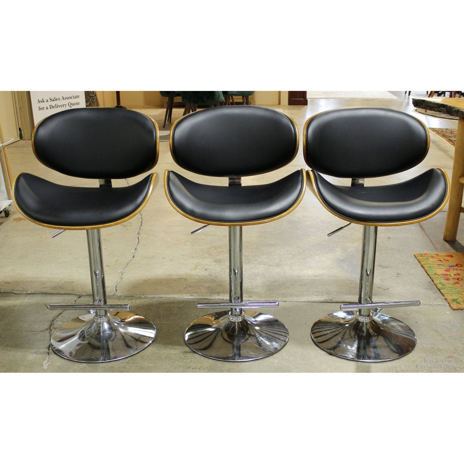 Set/3 Chrome & Black Leather Adjustable Height Bar Stools - Black - Thumbnail 2