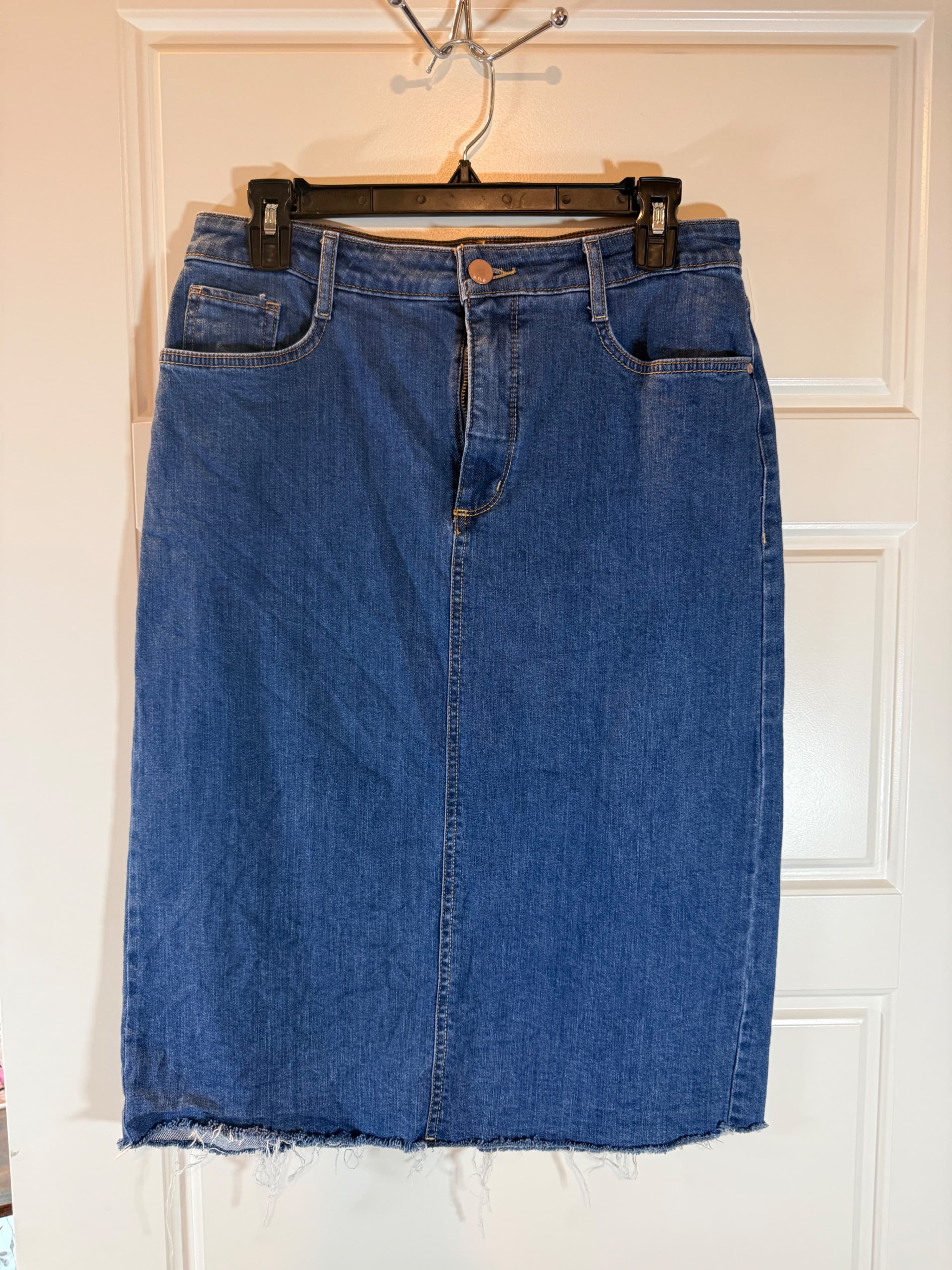 ANA Denim Midi Skirt with Frayed Hem - Image 1