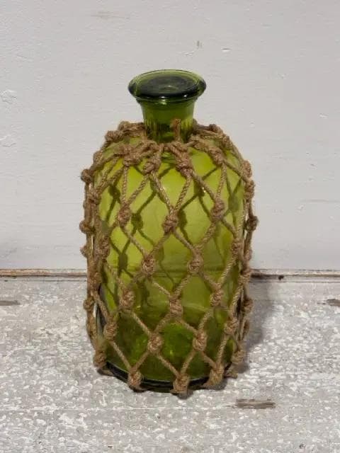 Ballard Design Decorative Small Green Jug With Rope Netting And Lid - Image 1