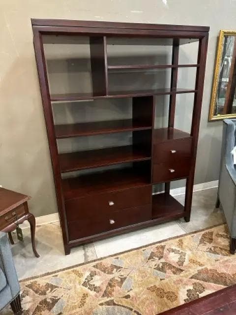Dark Wood Etagere Bookcase with 7 Shelves & 4 Drawers - Image 1