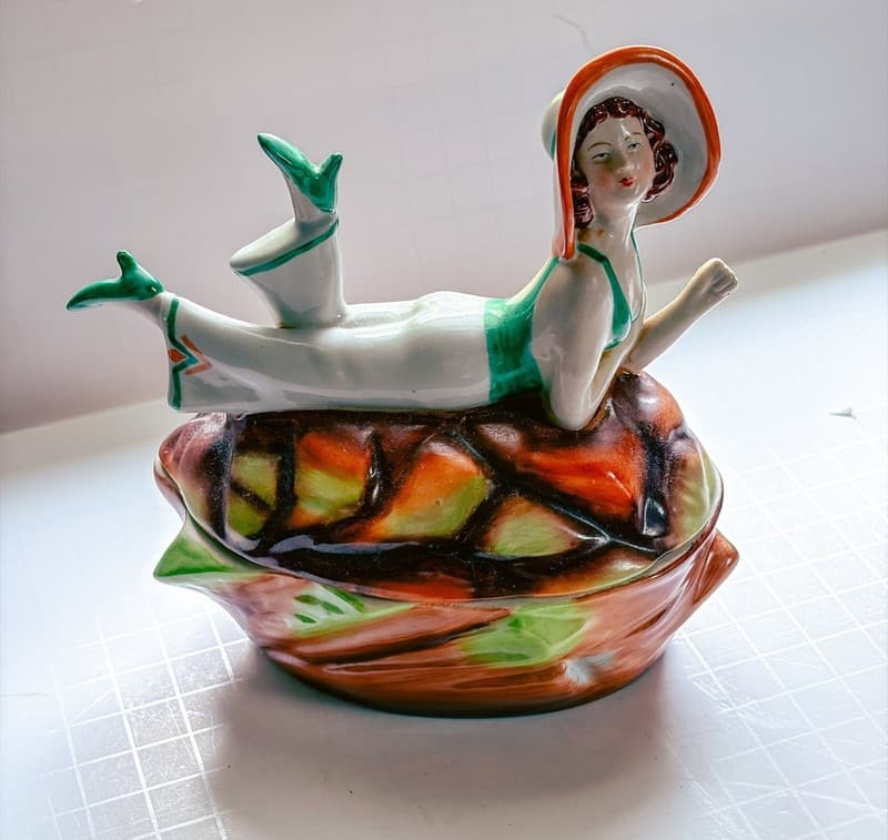 Vintage Art Deco Ceramic Lidded Powder Jar Bathing Beauty on Turtle Shell