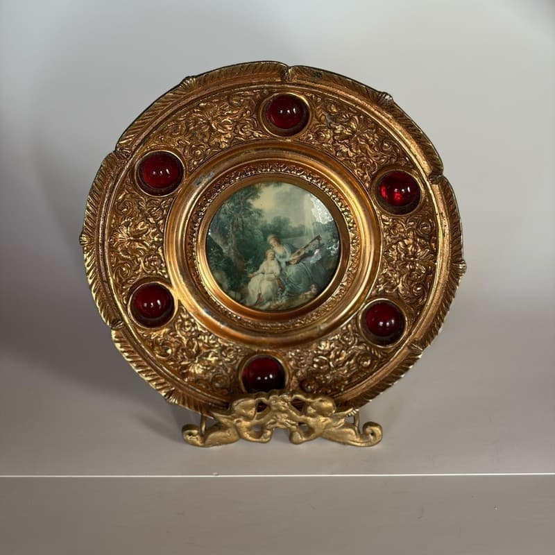 Vtg Spanish Gilt Brass Display w Fragonard Style Miniature & Red Glass Cabochons