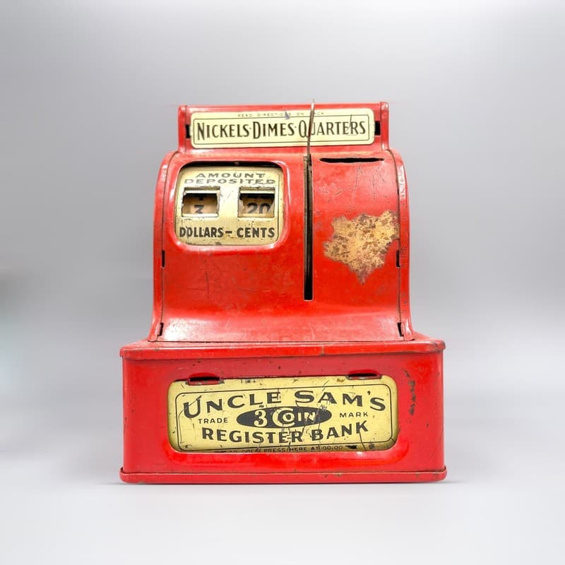 Vintage Uncle Sam's 3 Coin Register Bank Red Metal Toy Cash Register - Image 1
