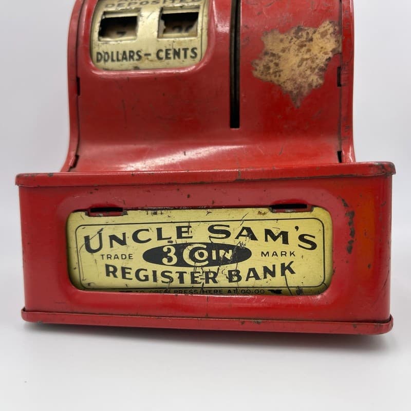Vintage Uncle Sam's 3 Coin Register Bank Red Metal Toy Cash Register - Thumbnail 4