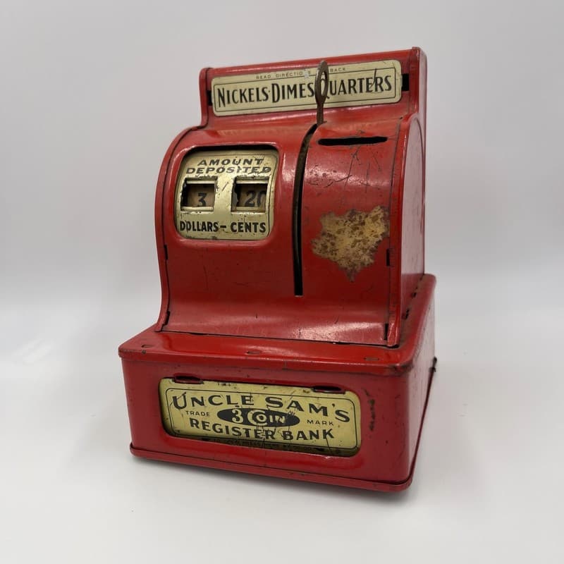 Vintage Uncle Sam's 3 Coin Register Bank Red Metal Toy Cash Register - Thumbnail 2