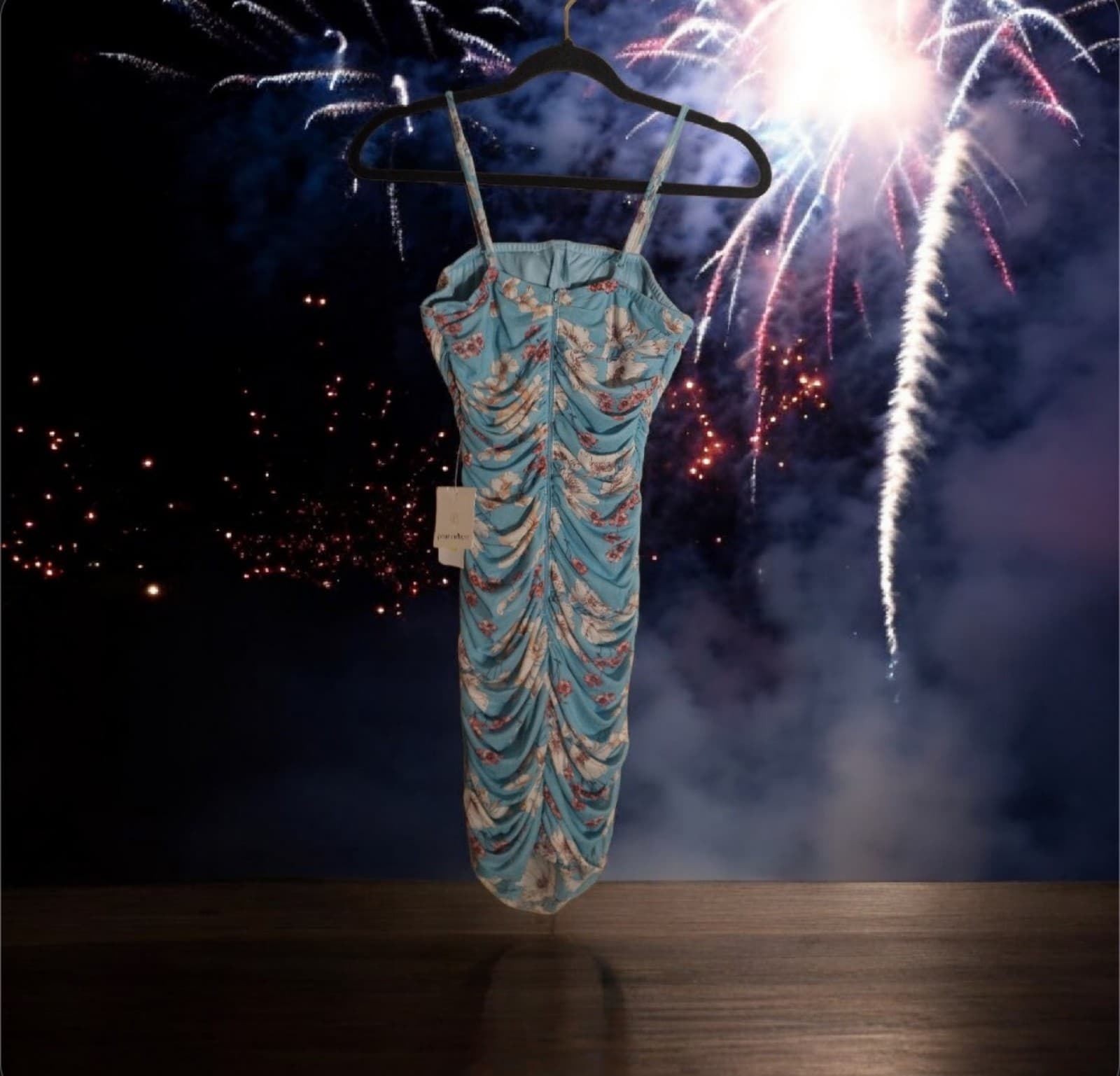 Pear Culture, Sleeveless Floral Ruched Mesh Dress. Size Medium - Thumbnail 6