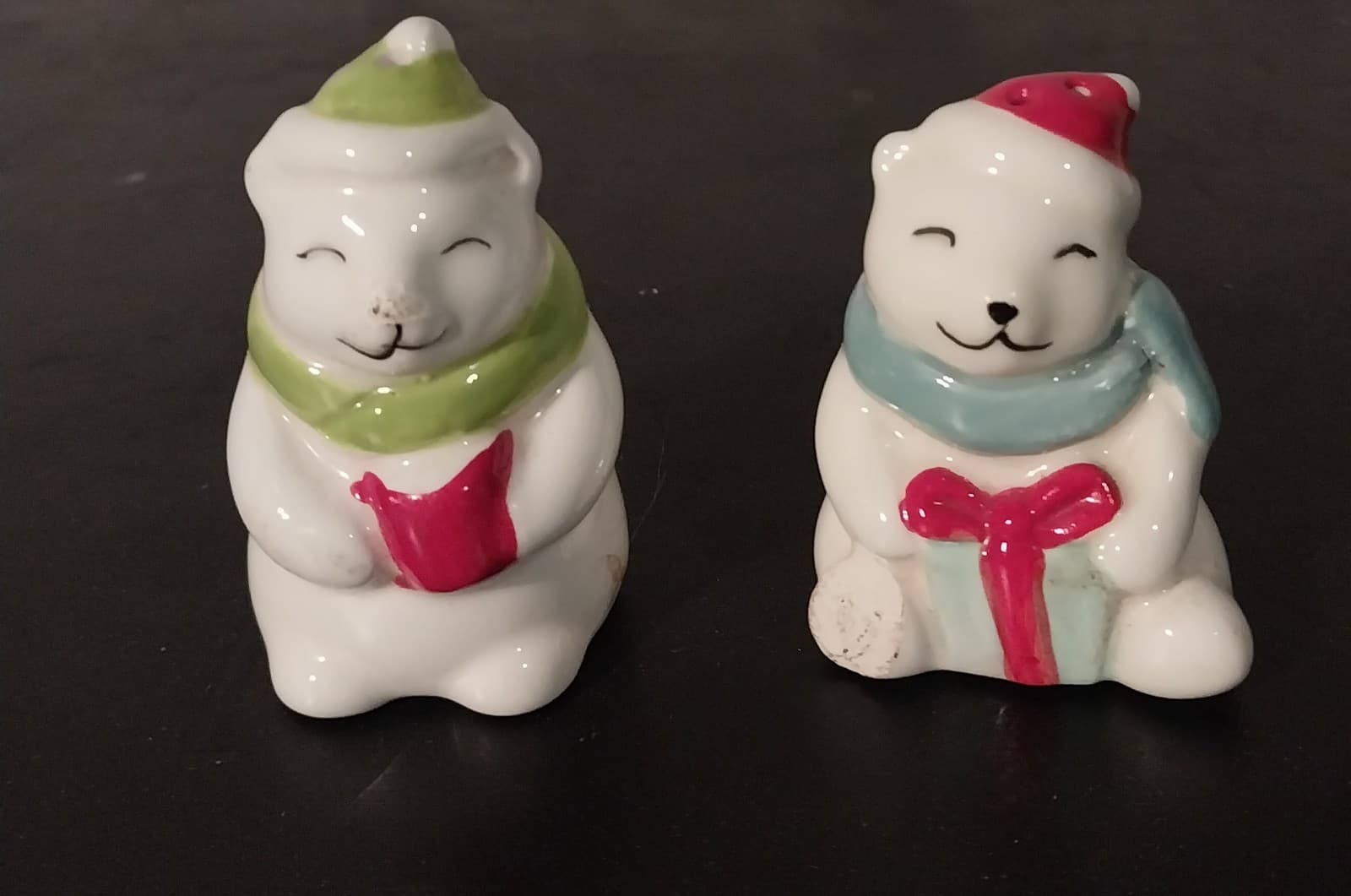 Polar Bears Salt and Pepper Shakers 3" Ceramic Winter Hats Scarf Snow Christmas - Image 1