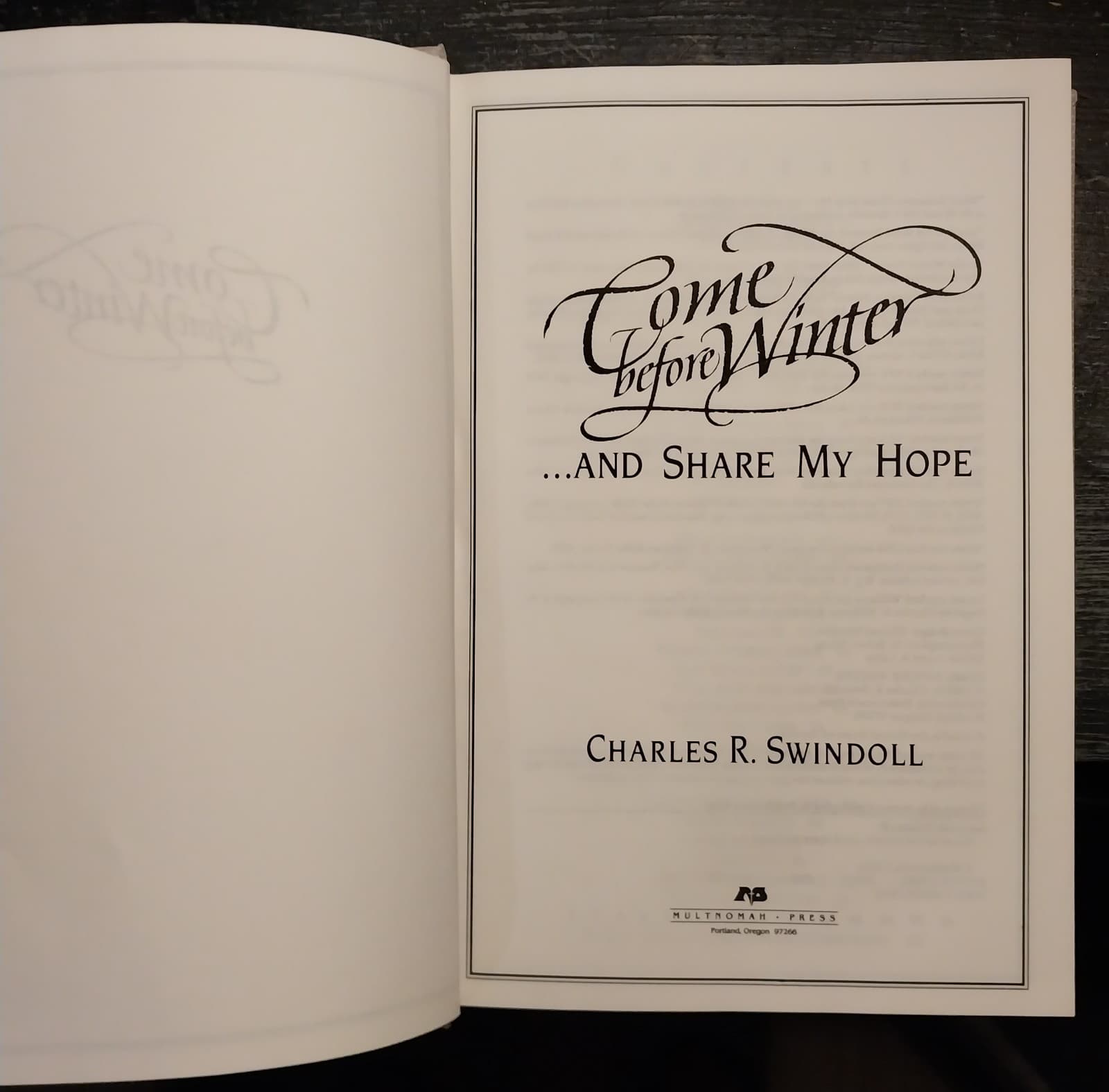 "Come Before Winter And Share My Hope" Book, By Charles R. Swindoll, 1985 - Image 1