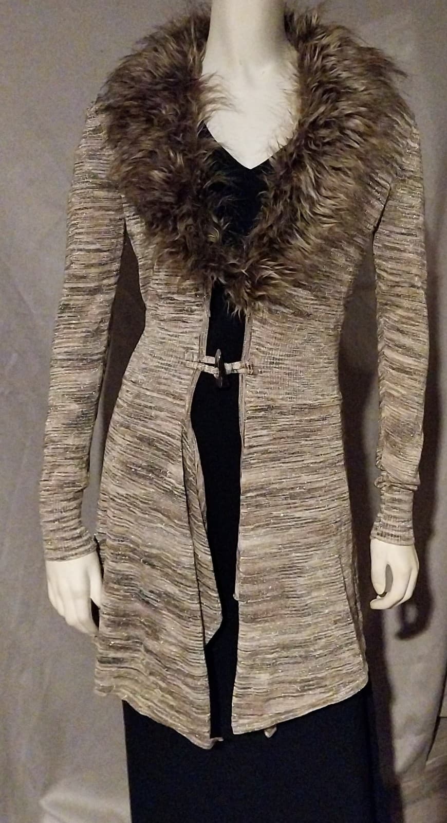 Focus 2000 Long Sleeve Brown Cardigan with faux fur collar - Thumbnail 2