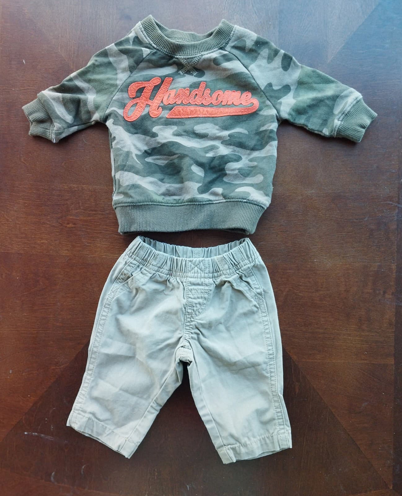 Carter's, Camo "Handsome" Sweatshirt & Brown Pants. Size 3 Months - Image 1