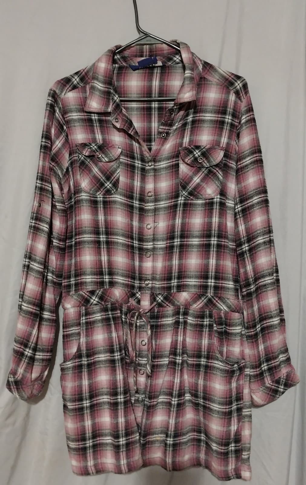 Miley Cyrus Maz Azaria purple plad plaid long sleeve button up collared dress L - Image 1