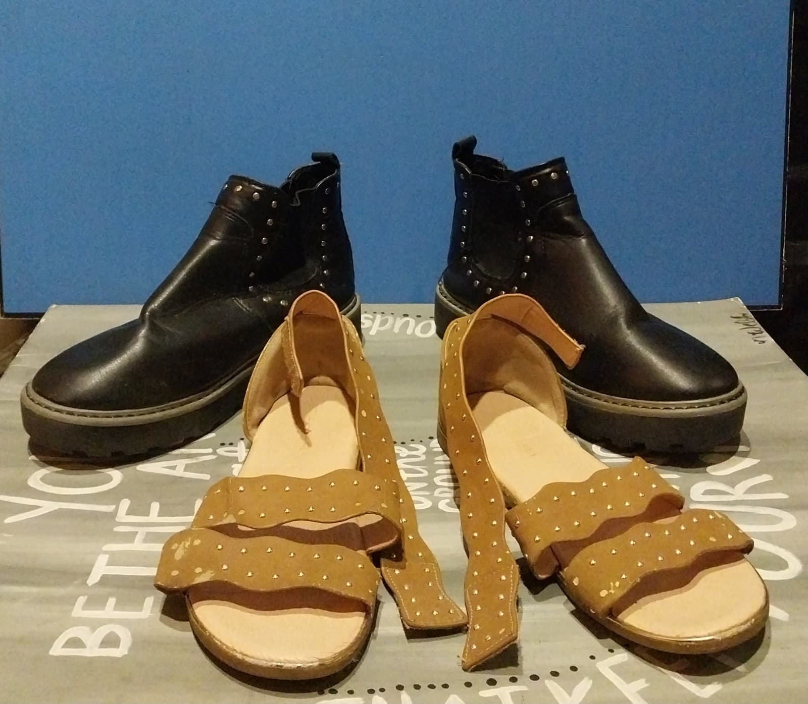 2 Pairs of Shoes. Black Wonder Nation Boots & Brown Sandals. Both are Size 2 - Image 1