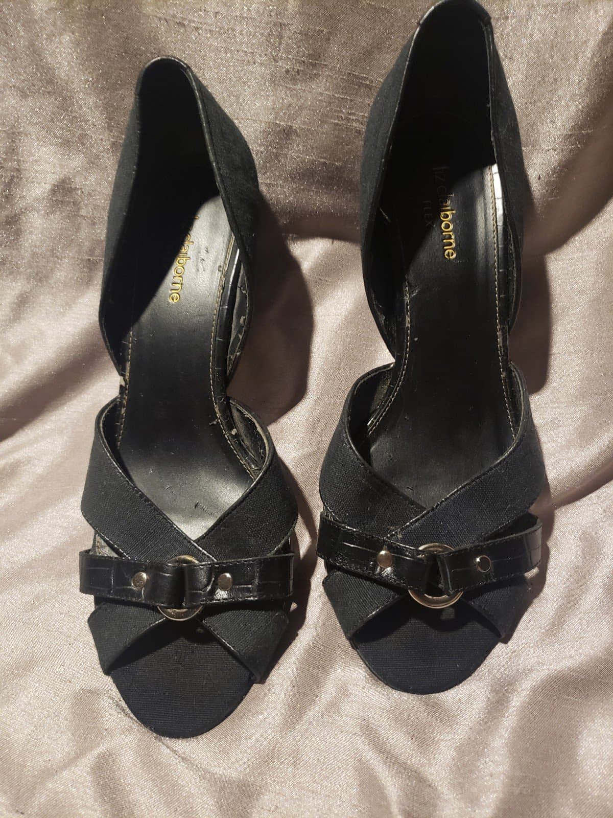 Liz Claiborne Flex Giselle Black Leather Open Toe Cutout Heels Shoes Size 8 - Image 1