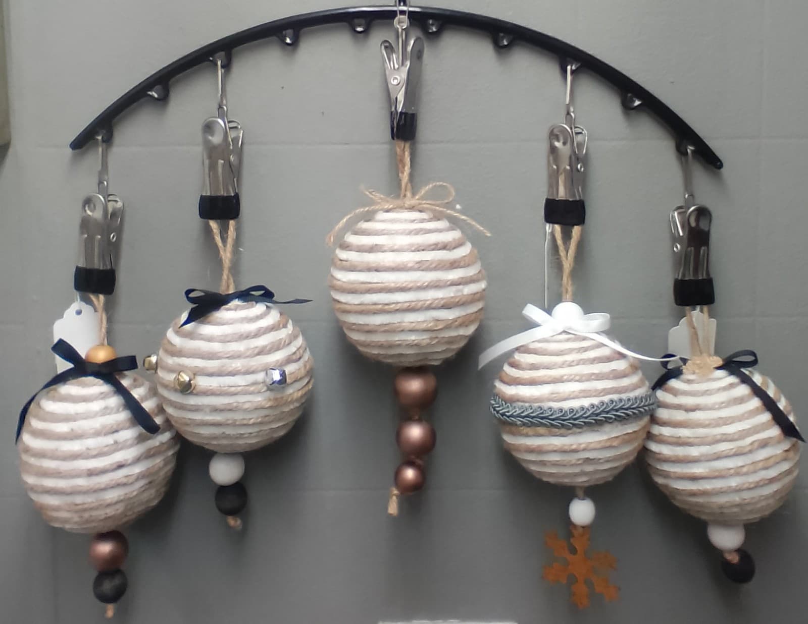 5 Tan & White Homemade Christmas Ornaments - Image 1