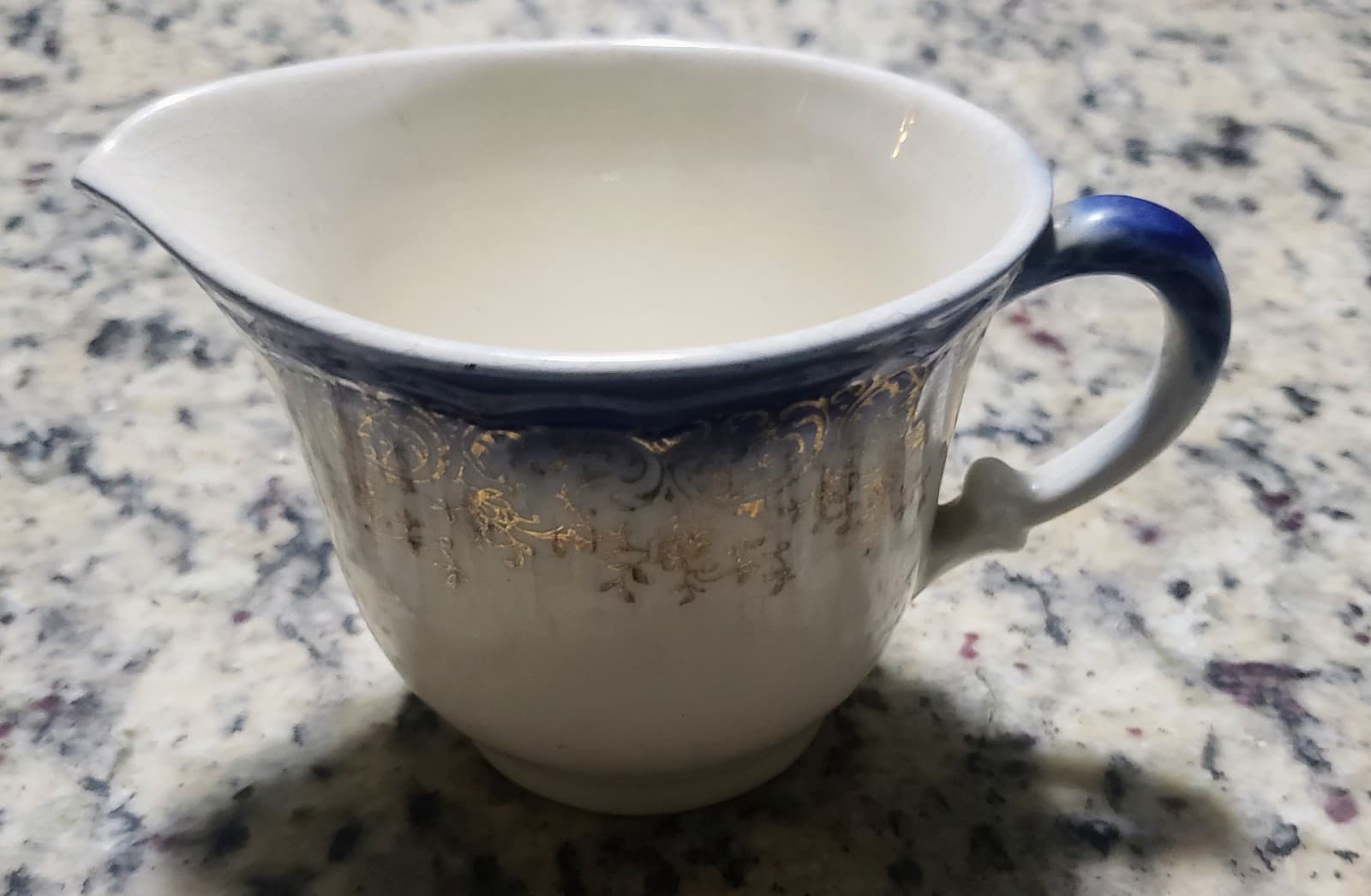 French Saxon Cream Pitcher -Flow Blue with 22kt. Gold accent - Thumbnail 2