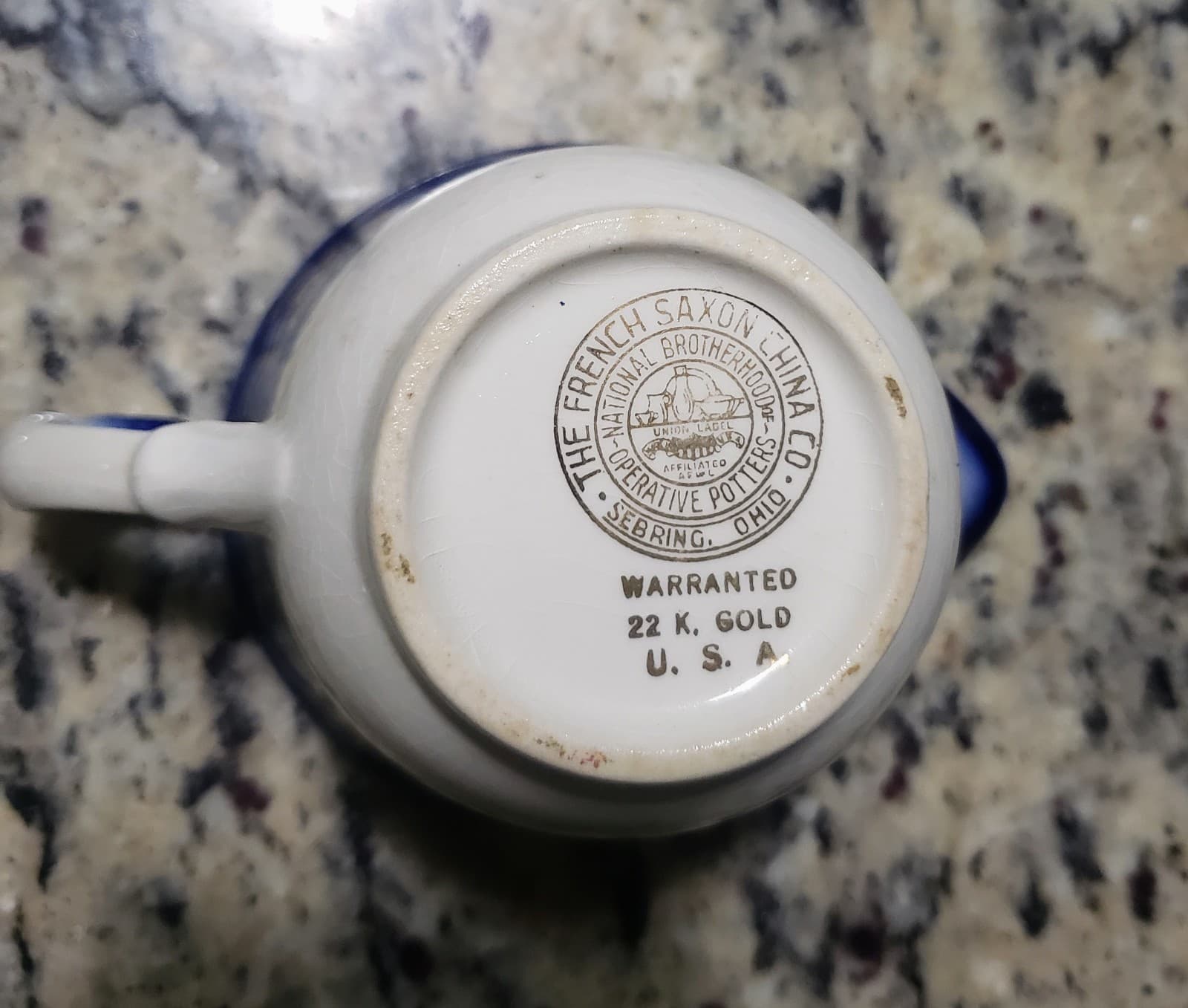 French Saxon Cream Pitcher -Flow Blue with 22kt. Gold accent - Thumbnail 4