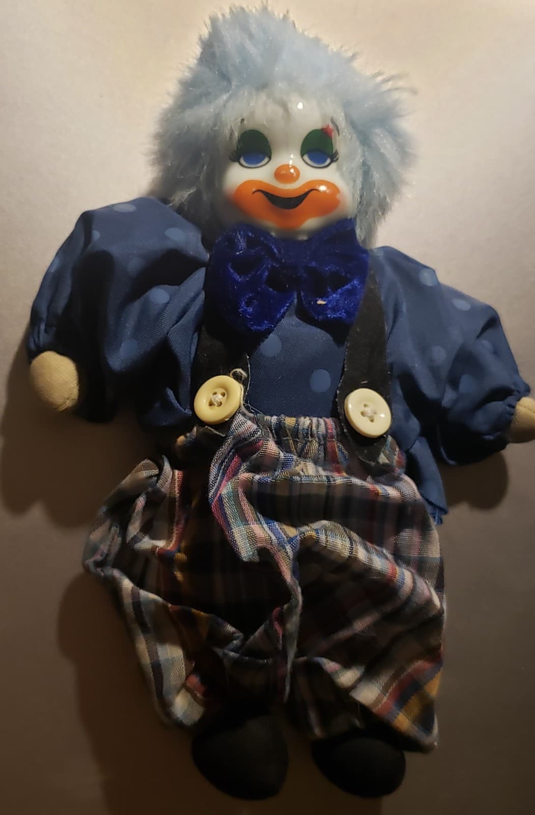 Vintage Clown Doll Porcelain Face Made In Thailand Blue Hair - Image 1