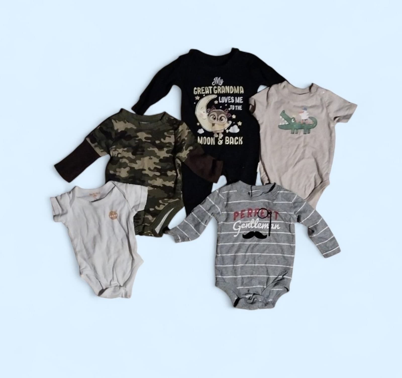 *Timberland *Perfect Gentleman, *Camo *Grandma Loves Me *Garanimals Onesies - Image 1