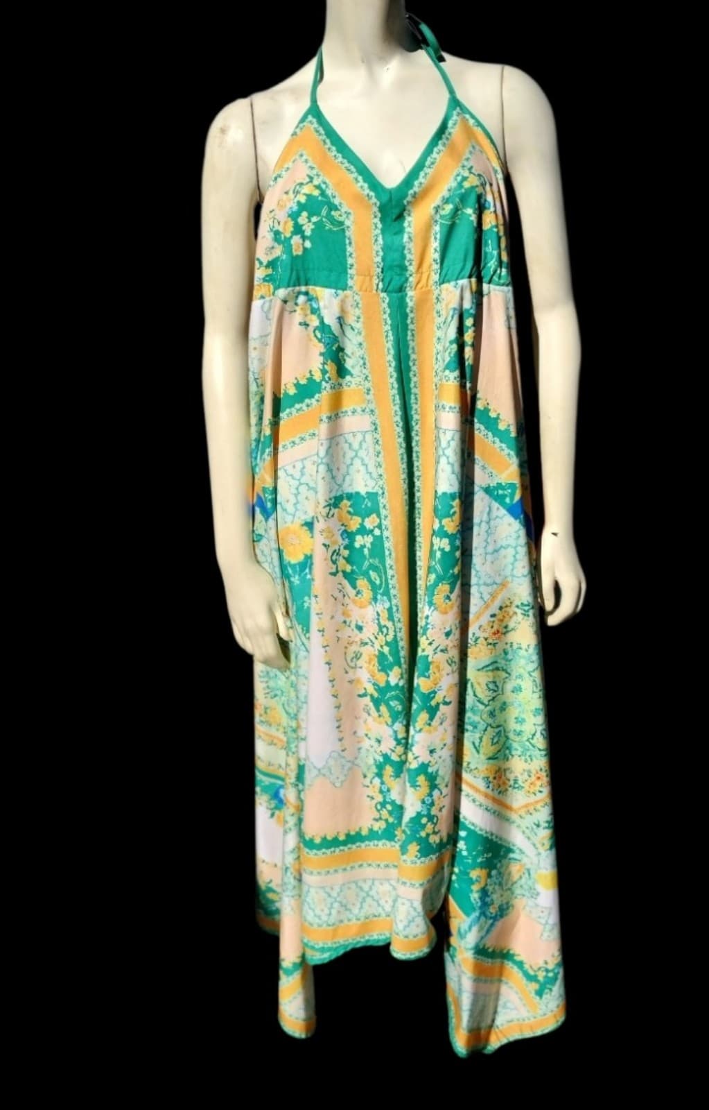 Women Casual Halter Neck Sleeveless Floral Long Maxi Dress Bohemian V Neck Backl - Thumbnail 2