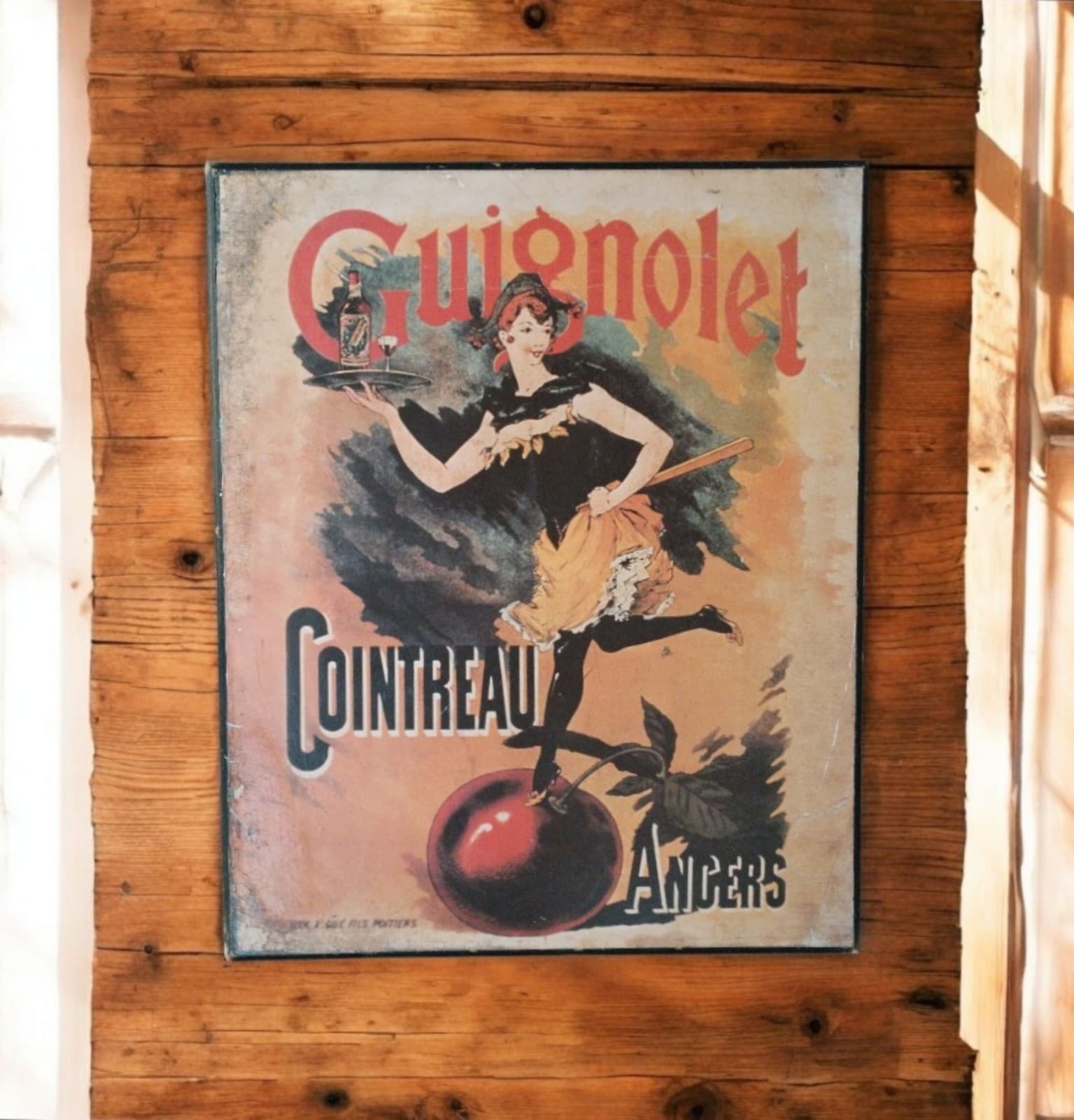 Vtg Collection Print Art Guignolet Cointreau Black Rustic Distressed Wood Frame - Image 1