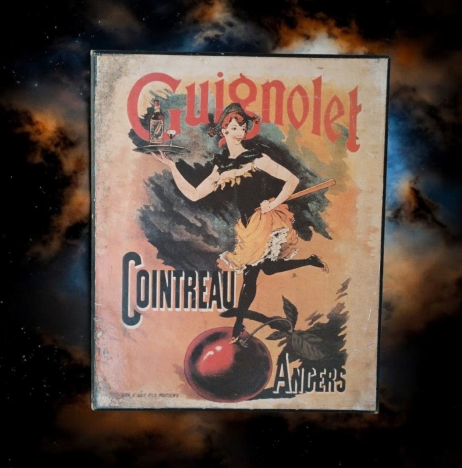 Vtg Collection Print Art Guignolet Cointreau Black Rustic Distressed Wood Frame - Thumbnail 2