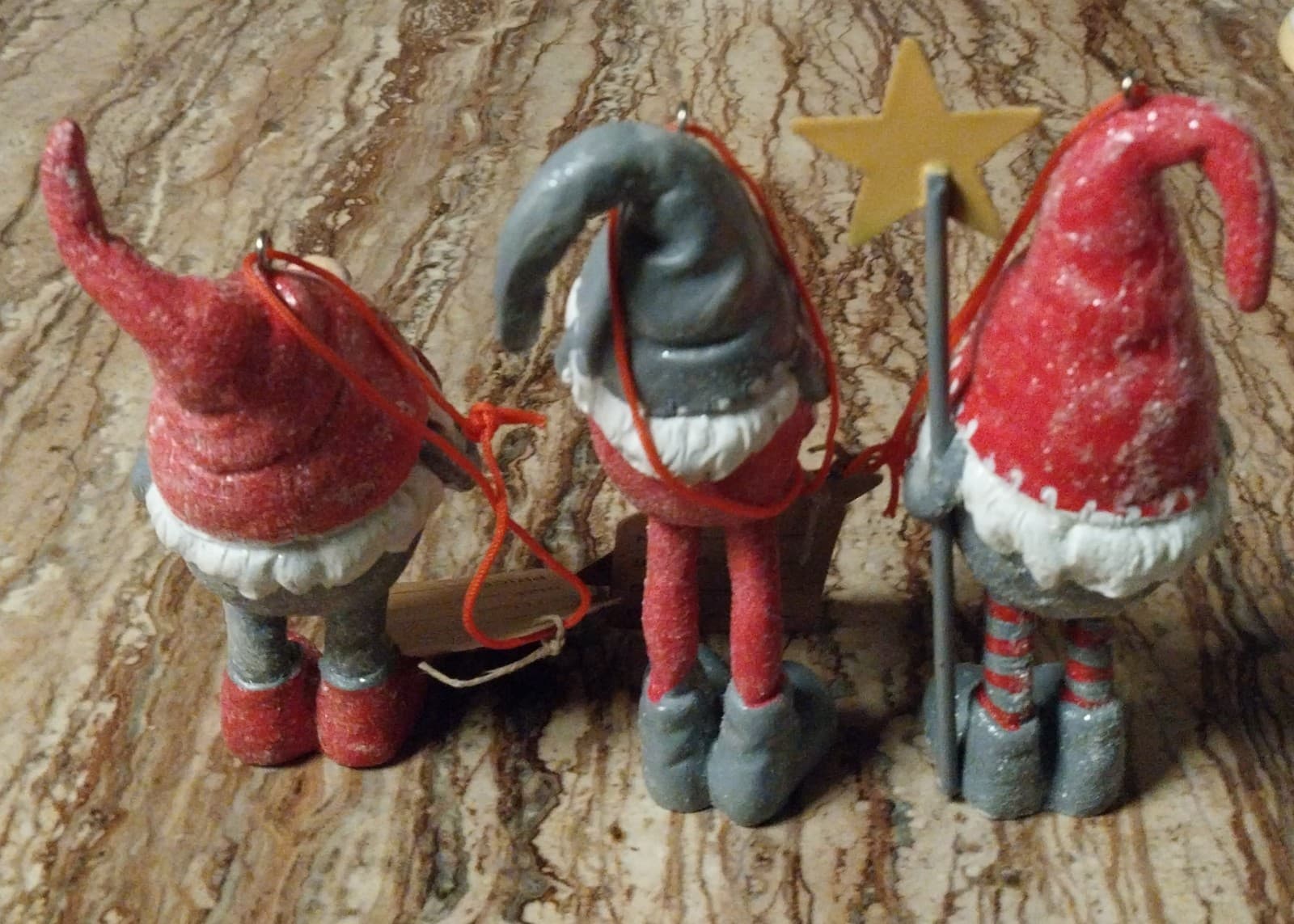3 Gnome Elf Oraments Each With A Star. Height 3" - Thumbnail 2